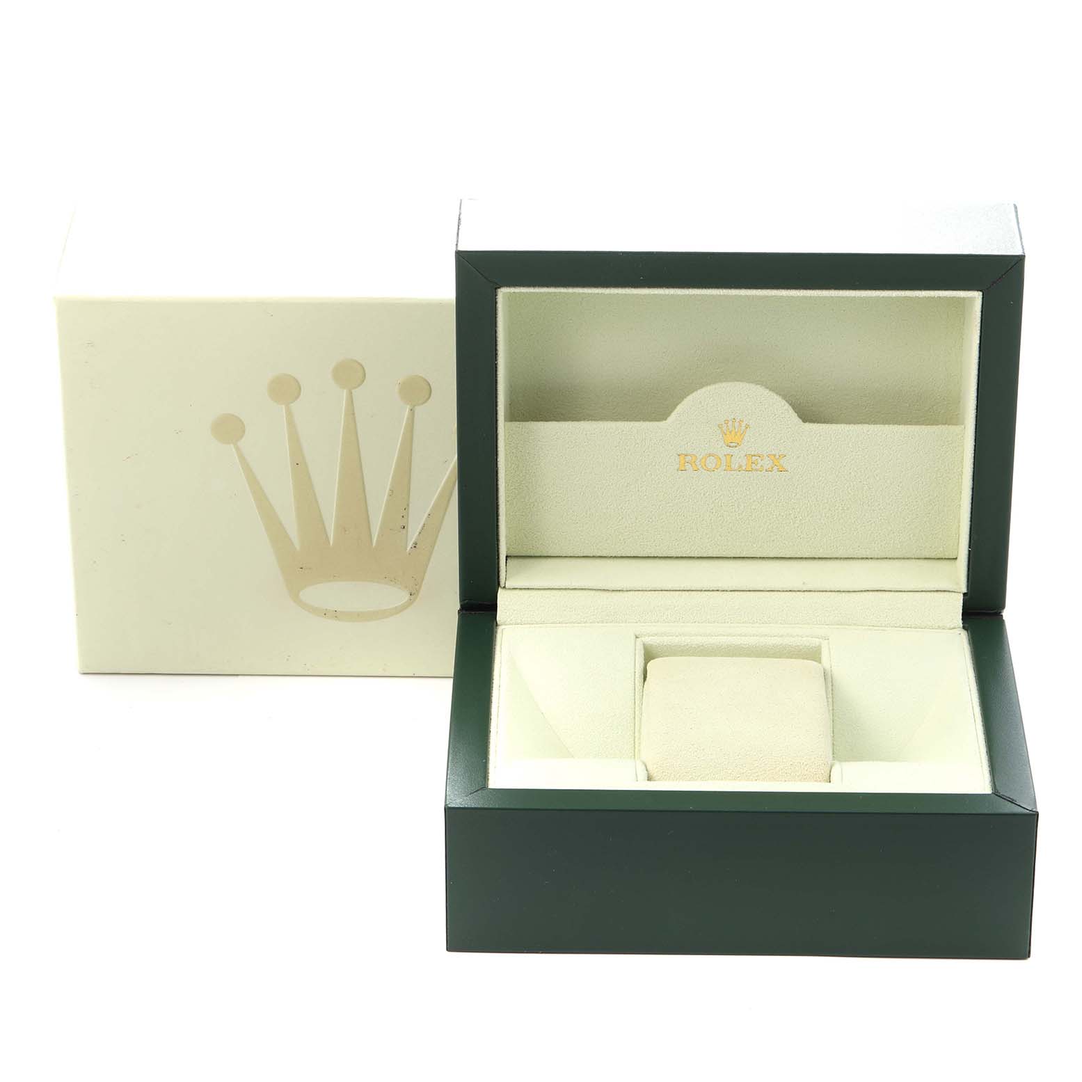 The image shows an open Rolex Datejust 116233 Men
s Steel and Gold (two tone) Champagne Dial 116233 Men
s Steel and Gold (two tone) Champagne Dial watch box and case from a front angle.