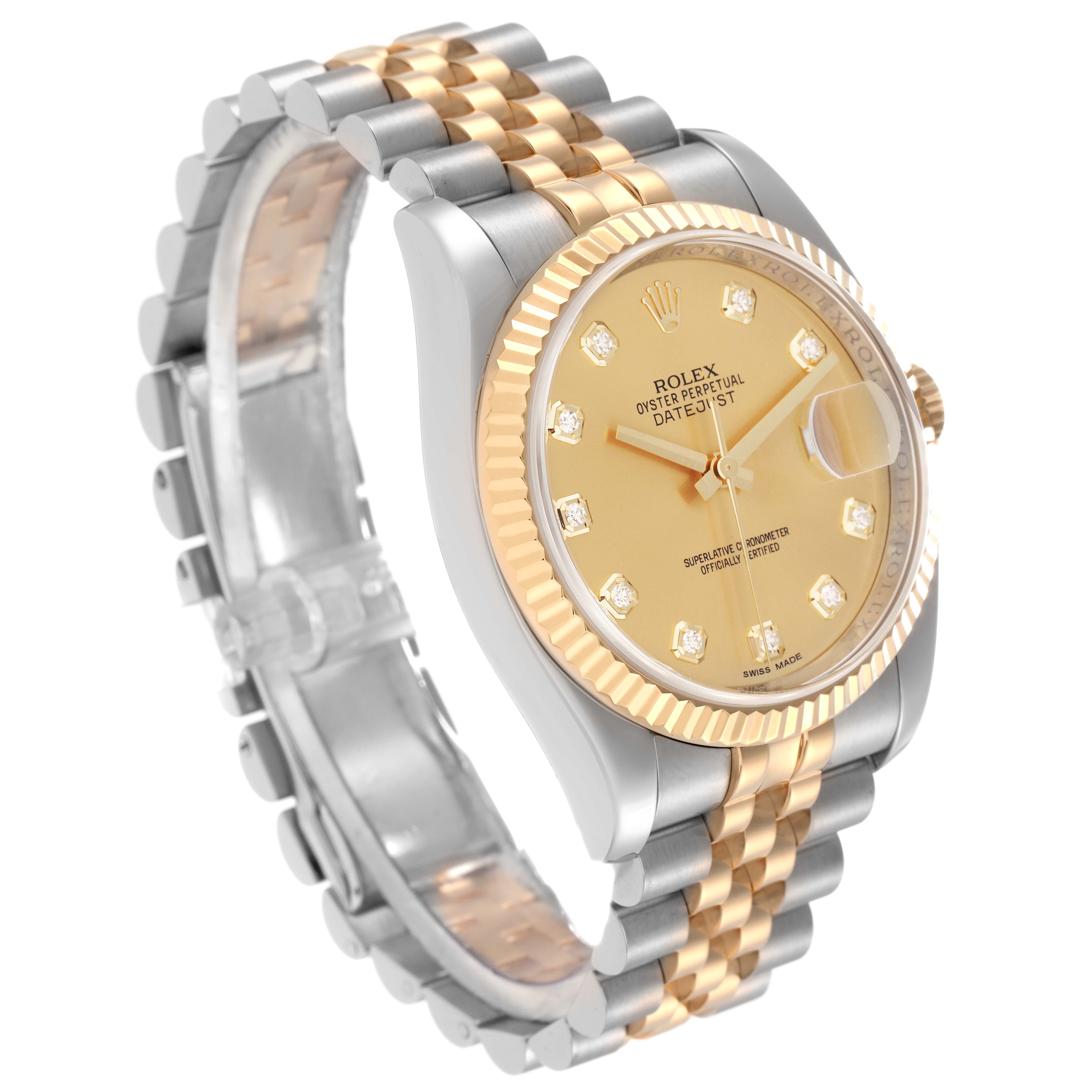 The Rolex Datejust 116233 Men
s Steel and Gold (two tone) Champagne Dial 116233 Men
s Steel and Gold (two tone) Champagne Dial watch is shown at an angled view, highlighting the gold and silver bracelet, the fluted bezel, and the detailed dial.