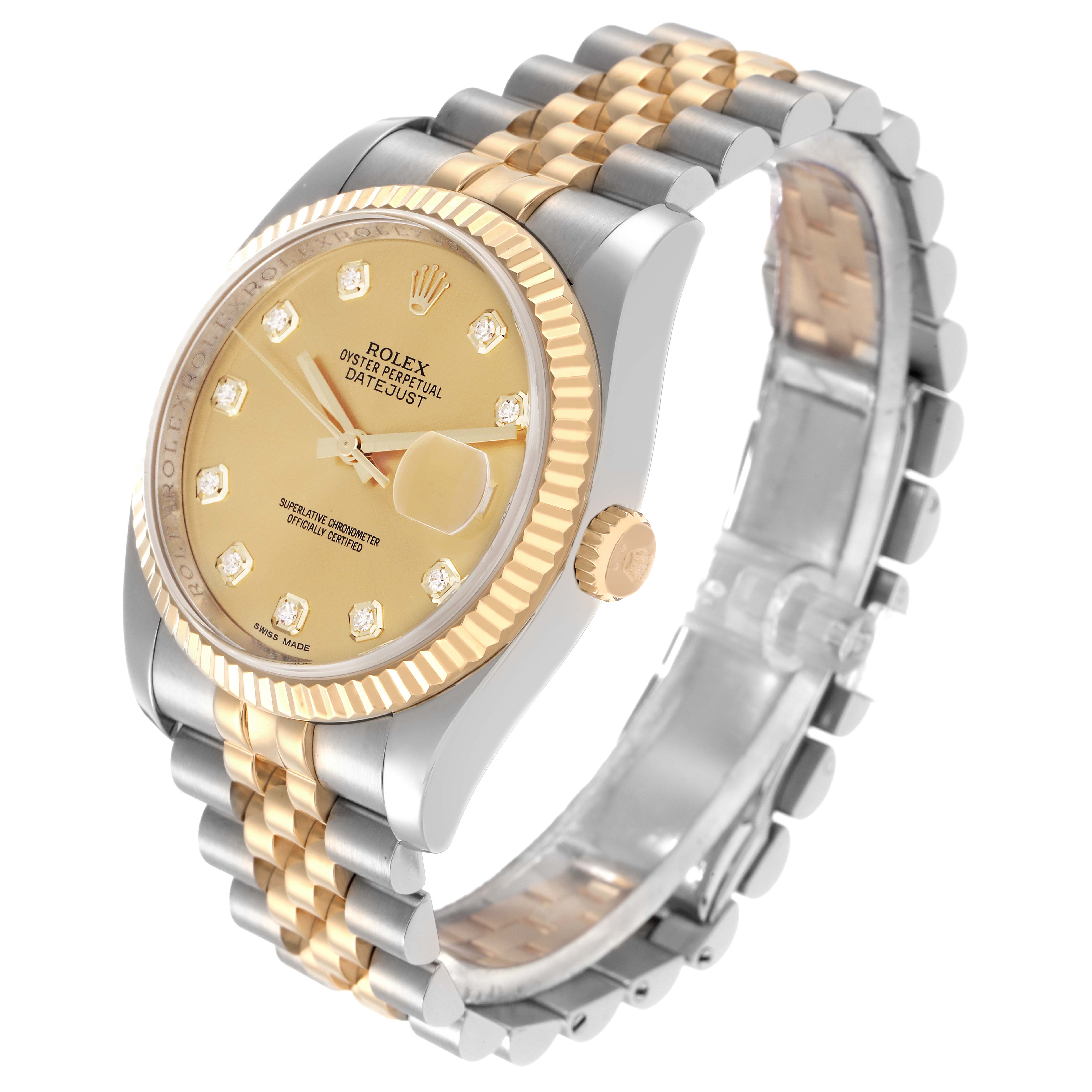 The Rolex Datejust 116233 Men
s Steel and Gold (two tone) Champagne Dial 116233 Men
s Steel and Gold (two tone) Champagne Dial watch is shown from an angled top-side view, highlighting its bezel, dial, crown, and bracelet.