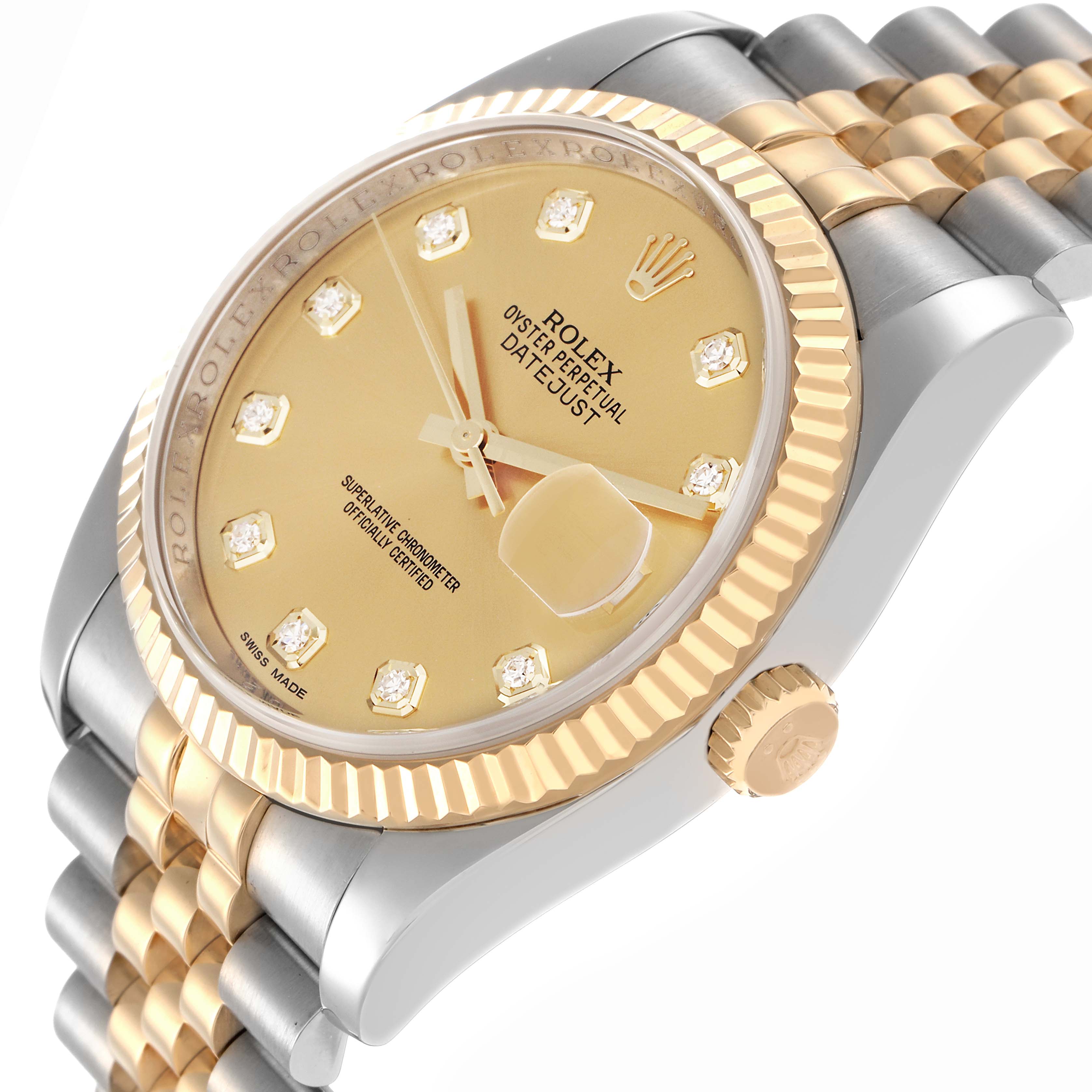 The Rolex Datejust 116233 Men
s Steel and Gold (two tone) Champagne Dial 116233 Men
s Steel and Gold (two tone) Champagne Dial watch is shown at an angled side view, highlighting its gold bezel, crown, dial, and bracelet links.