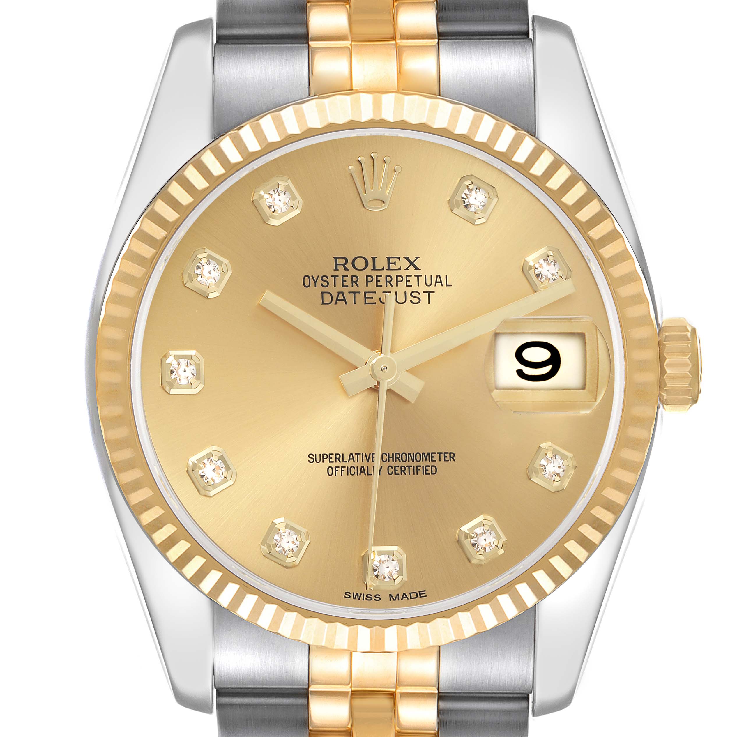 The Rolex Datejust 116233 Men
s Steel and Gold (two tone) Champagne Dial 116233 Men
s Steel and Gold (two tone) Champagne Dial watch is shown straight-on, featuring its gold dial, date window, diamond hour markers, and two-tone bracelet.