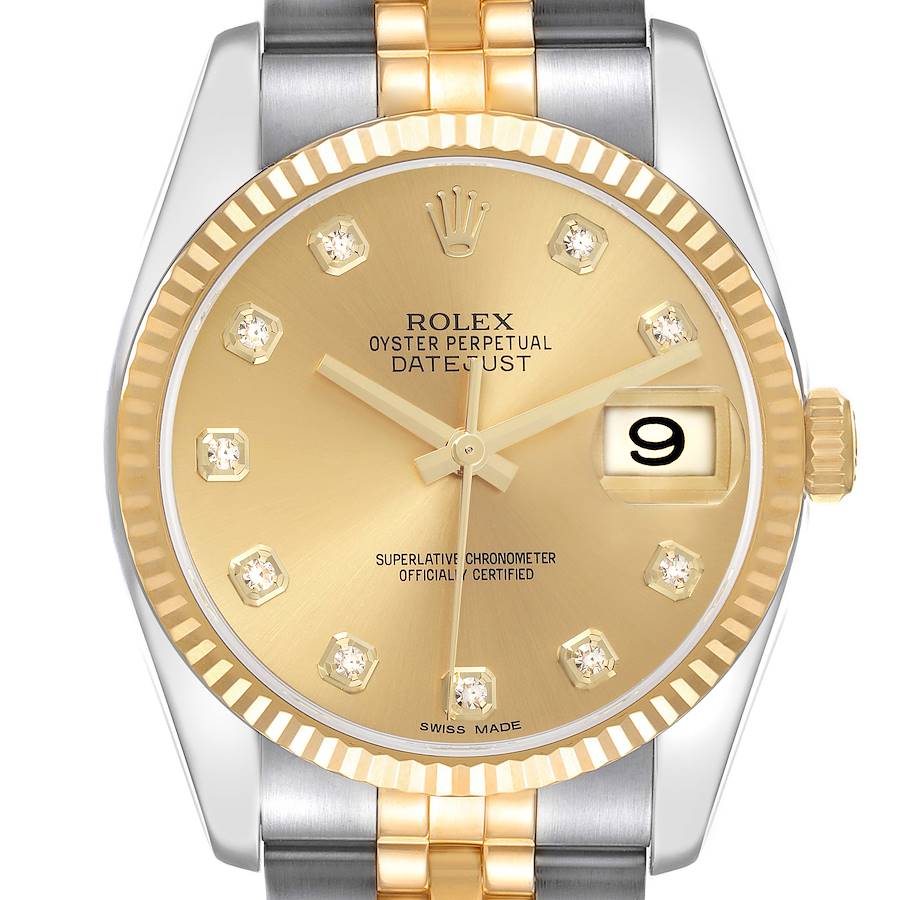 The Rolex Datejust watch is shown straight-on, featuring its gold dial, date window, diamond hour markers, and two-tone bracelet.