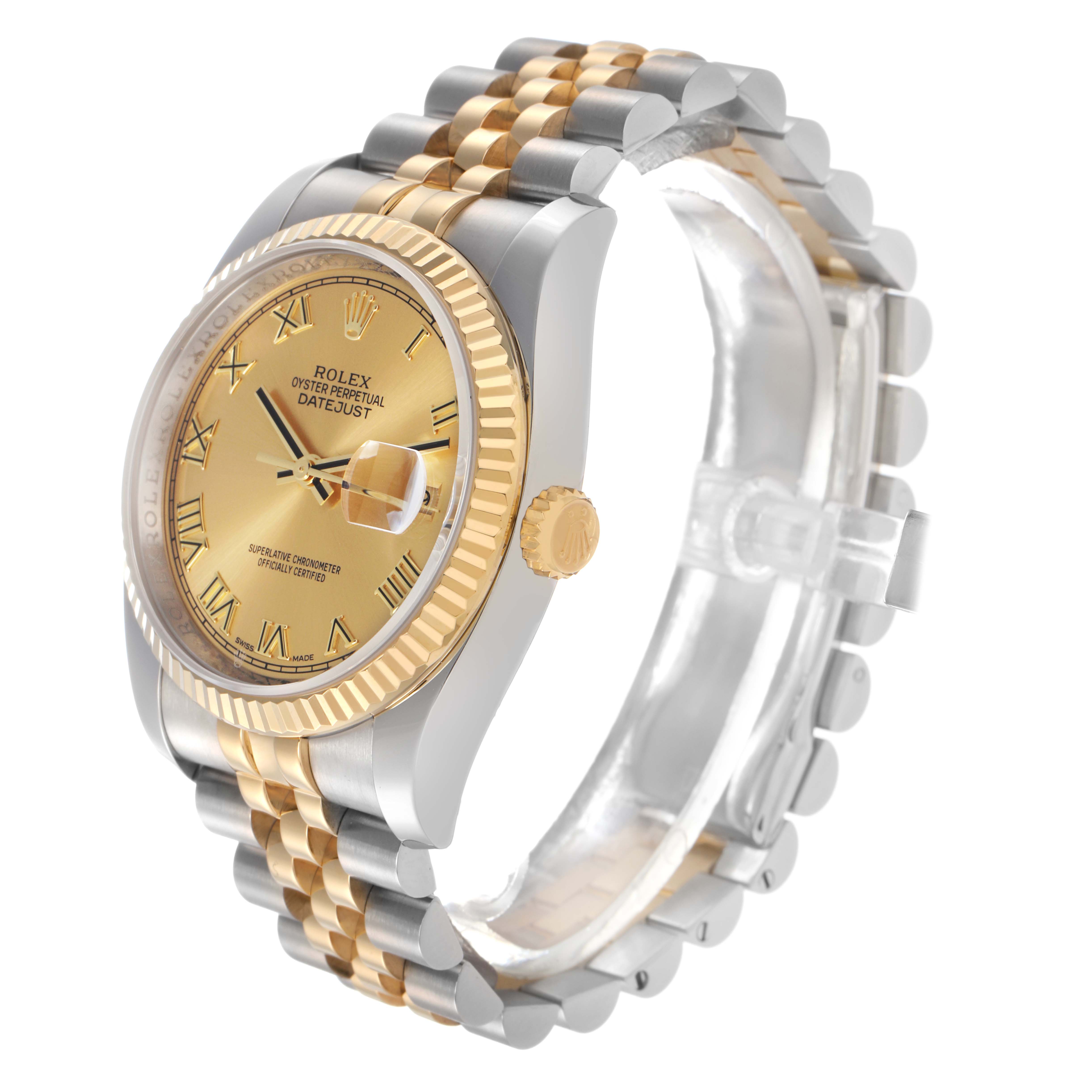 The image shows a Rolex Datejust 116233 Men
s Steel and Gold (two tone) Champagne Dial 116233 Men
s Steel and Gold (two tone) Champagne Dial watch at a three-quarter angle, highlighting the dial, fluted bezel, crown, and jubilee bracelet.
