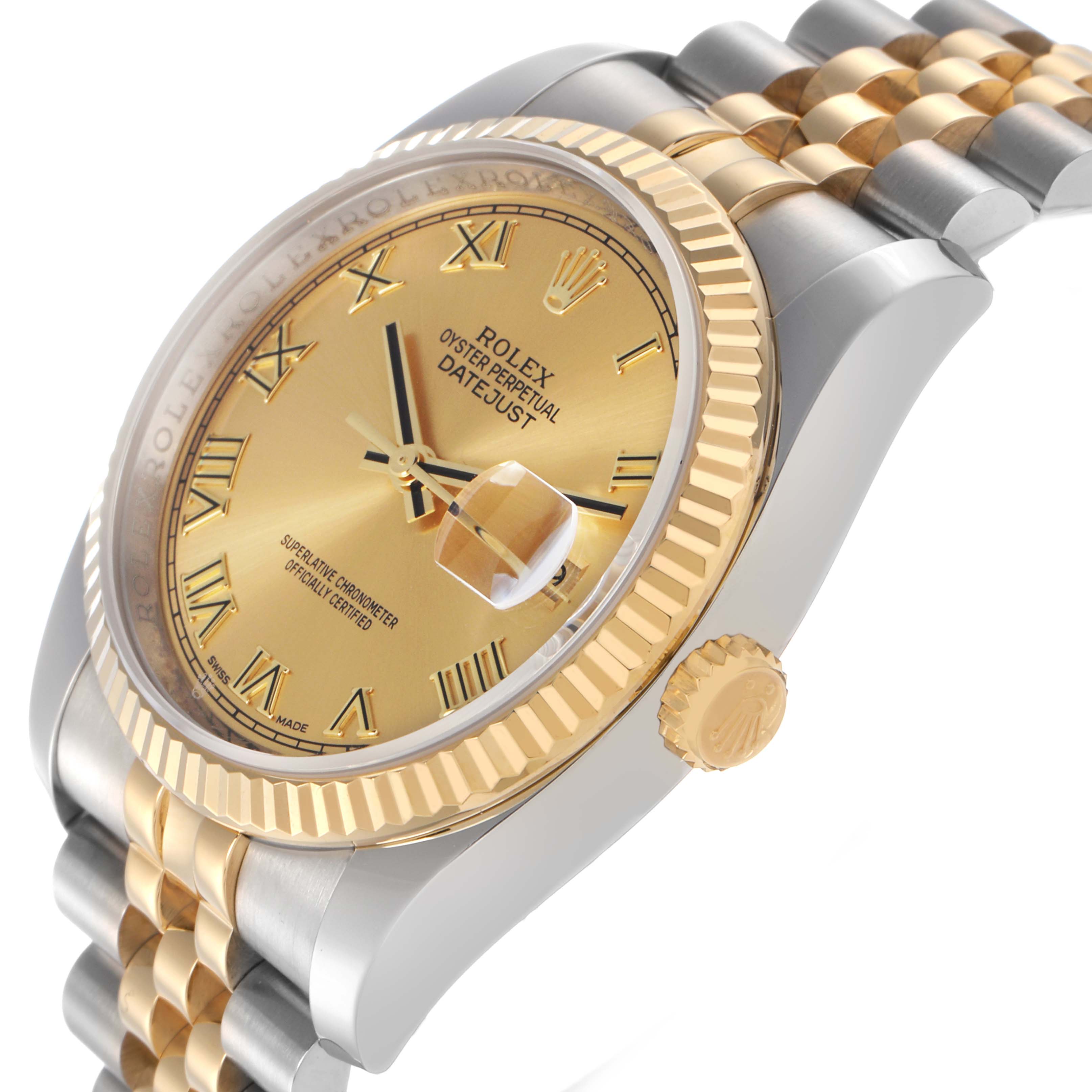 The Rolex Datejust 116233 Men
s Steel and Gold (two tone) Champagne Dial 116233 Men
s Steel and Gold (two tone) Champagne Dial watch is shown at an angled side view, highlighting the bezel, crown, bracelet, and dial.