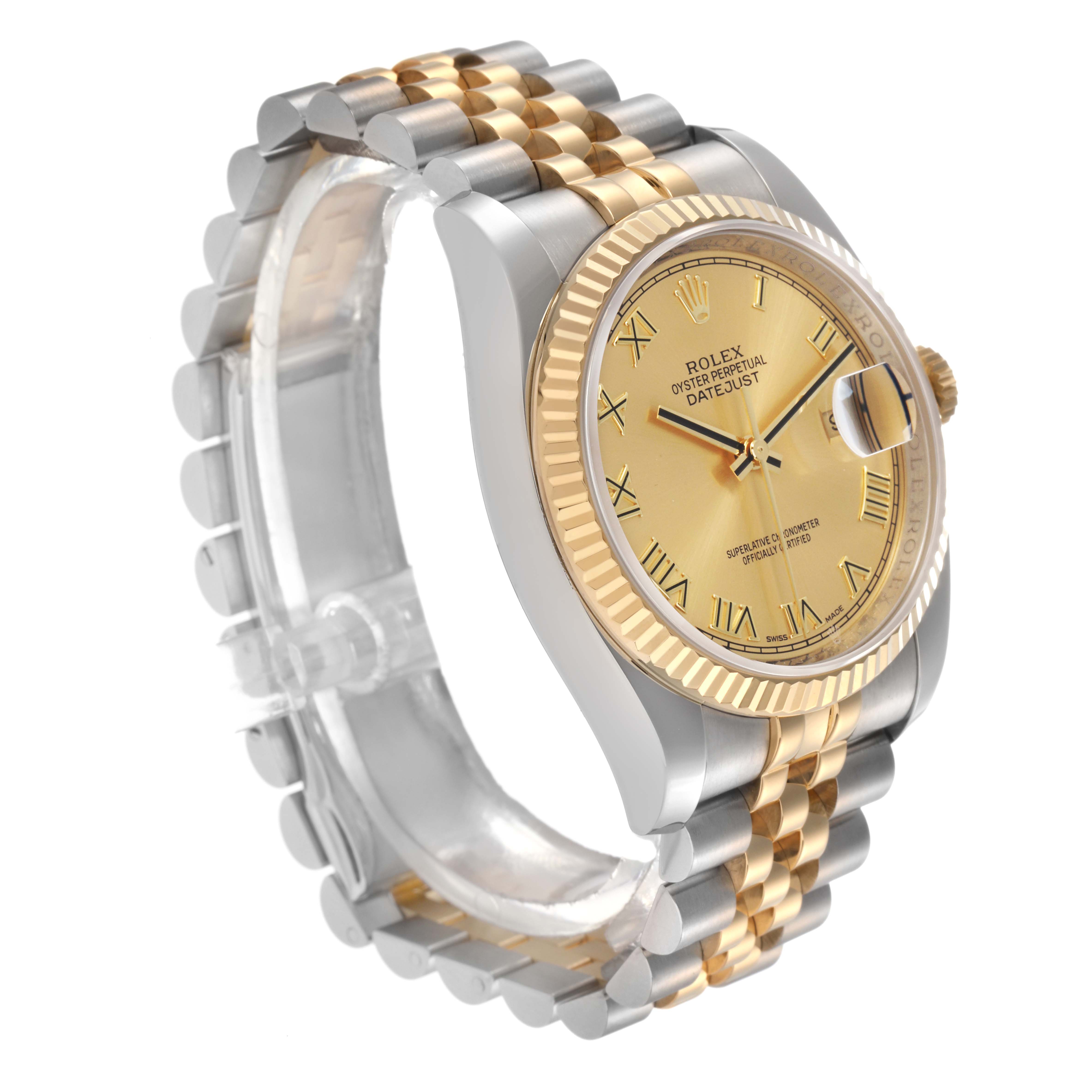The Rolex Datejust 116233 Men
s Steel and Gold (two tone) Champagne Dial 116233 Men
s Steel and Gold (two tone) Champagne Dial watch is shown at a three-quarter angle, highlighting the gold dial, fluted bezel, and two-tone bracelet.
