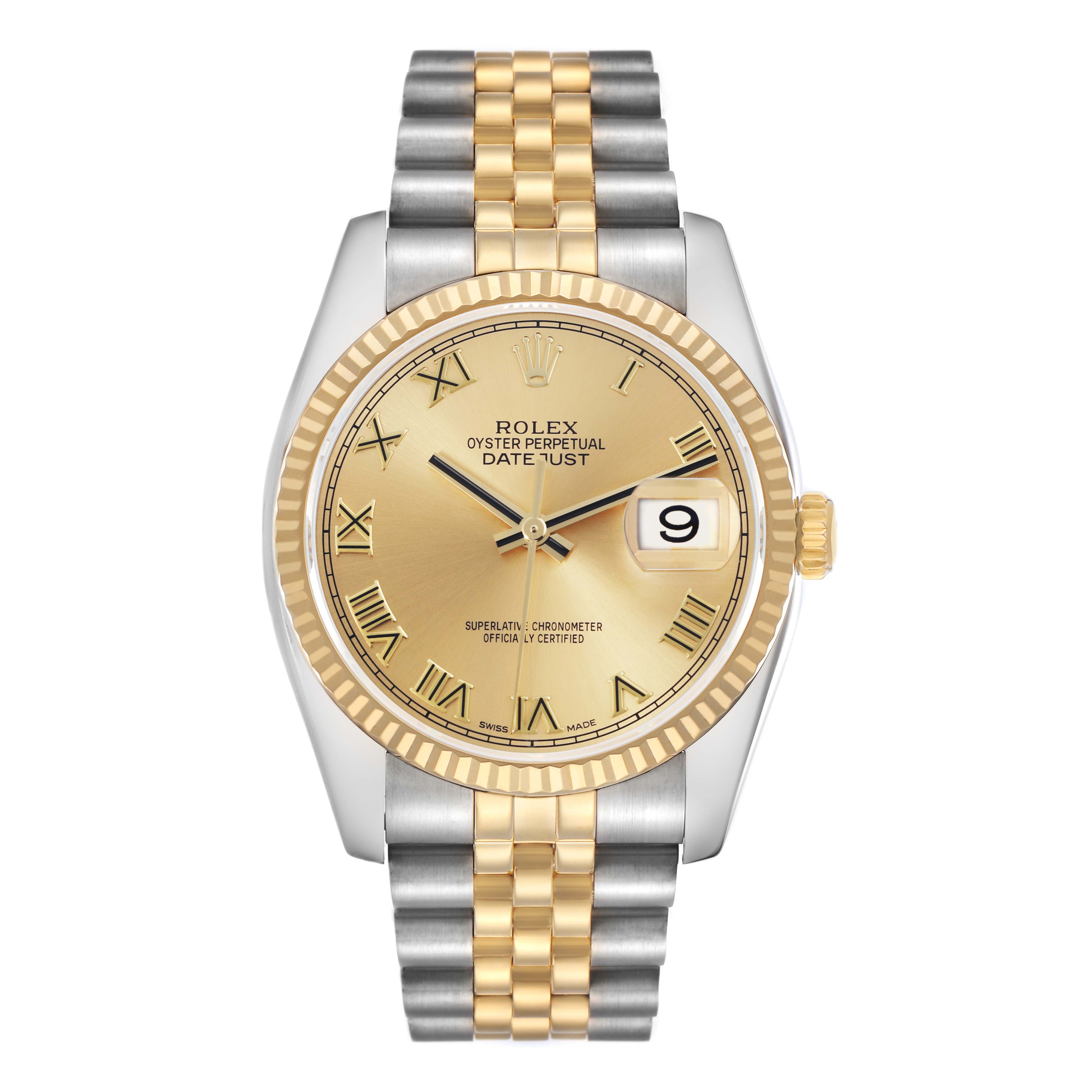 The Rolex Datejust 116233 Men
s Steel and Gold (two tone) Champagne Dial 116233 Men
s Steel and Gold (two tone) Champagne Dial watch is shown from a front angle, highlighting the dial, bezel, and Jubilee bracelet.