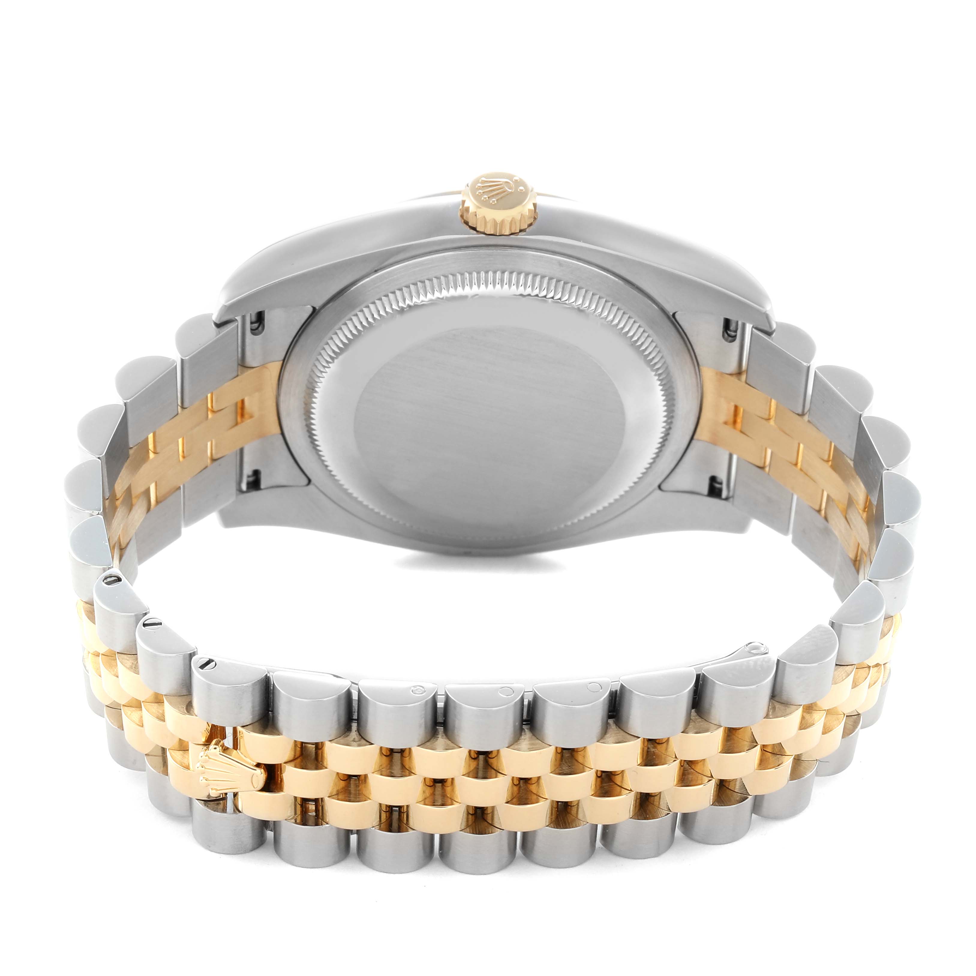 The image shows the back of a Rolex Datejust 116233 Men
s Steel and Gold (two tone) Champagne Dial 116233 Men
s Steel and Gold (two tone) Champagne Dial watch, focusing on the case back and two-tone bracelet.
