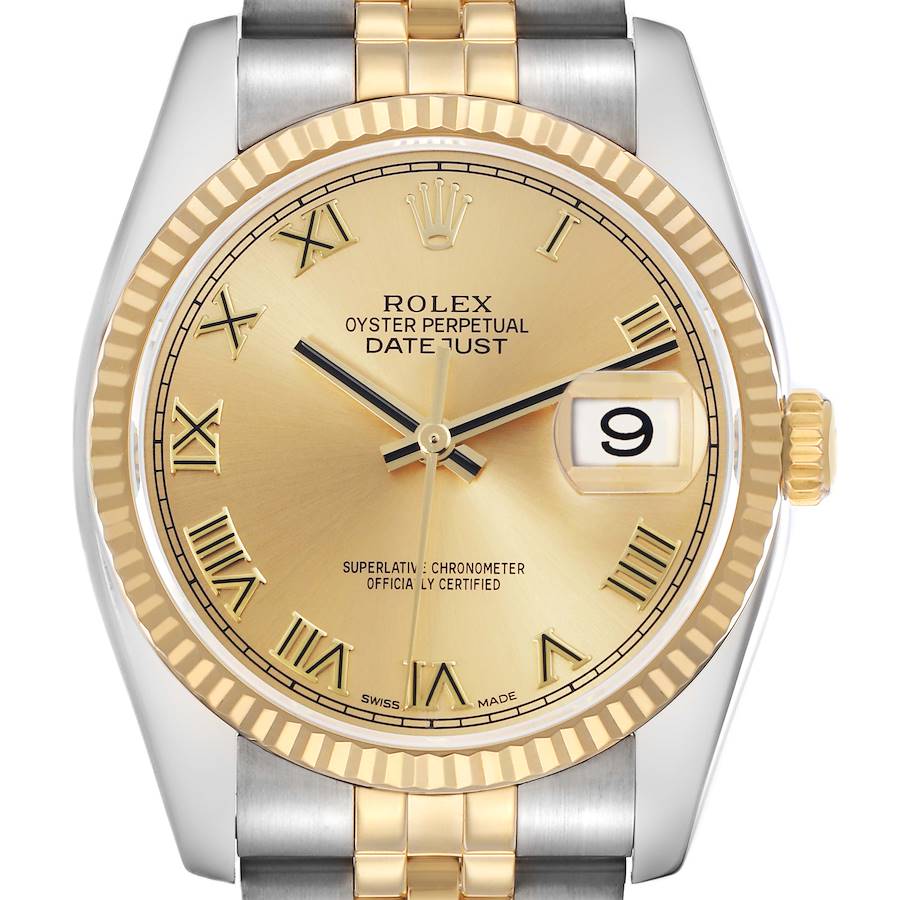 The Rolex Datejust watch is shown from a front angle, highlighting the dial, bezel, crown, and part of the bracelet.