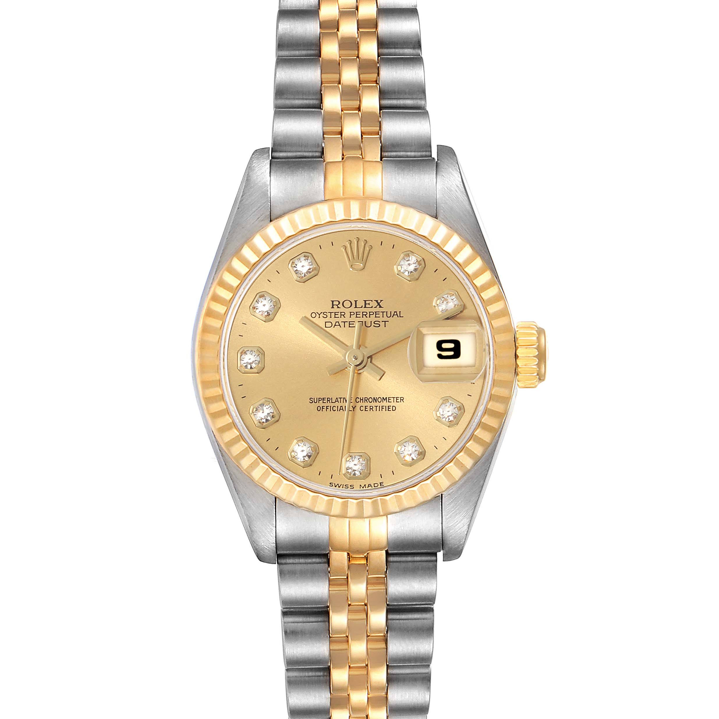 This is a front view of a Rolex Datejust 69173 Women's Steel and Gold (two tone) Champagne Dial 69173 Women's Steel and Gold (two tone) Champagne Dial watch showing its gold and silver bracelet, gold dial, and fluted bezel.