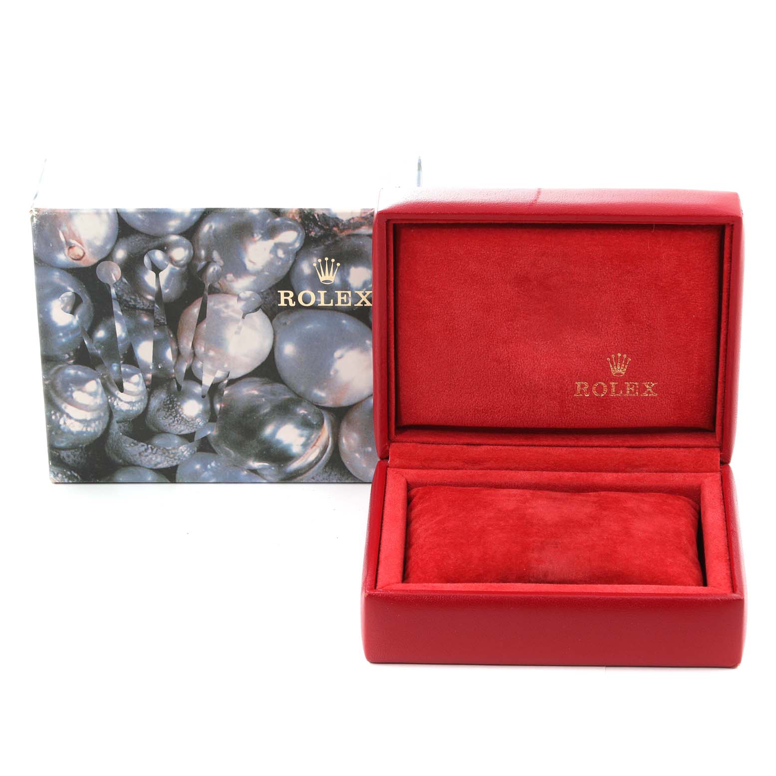 The image shows the Rolex Datejust 69173 Women's Steel and Gold (two tone) Champagne Dial 69173 Women's Steel and Gold (two tone) Champagne Dial watch box, open from a front angle, revealing the red interior and placeholder.