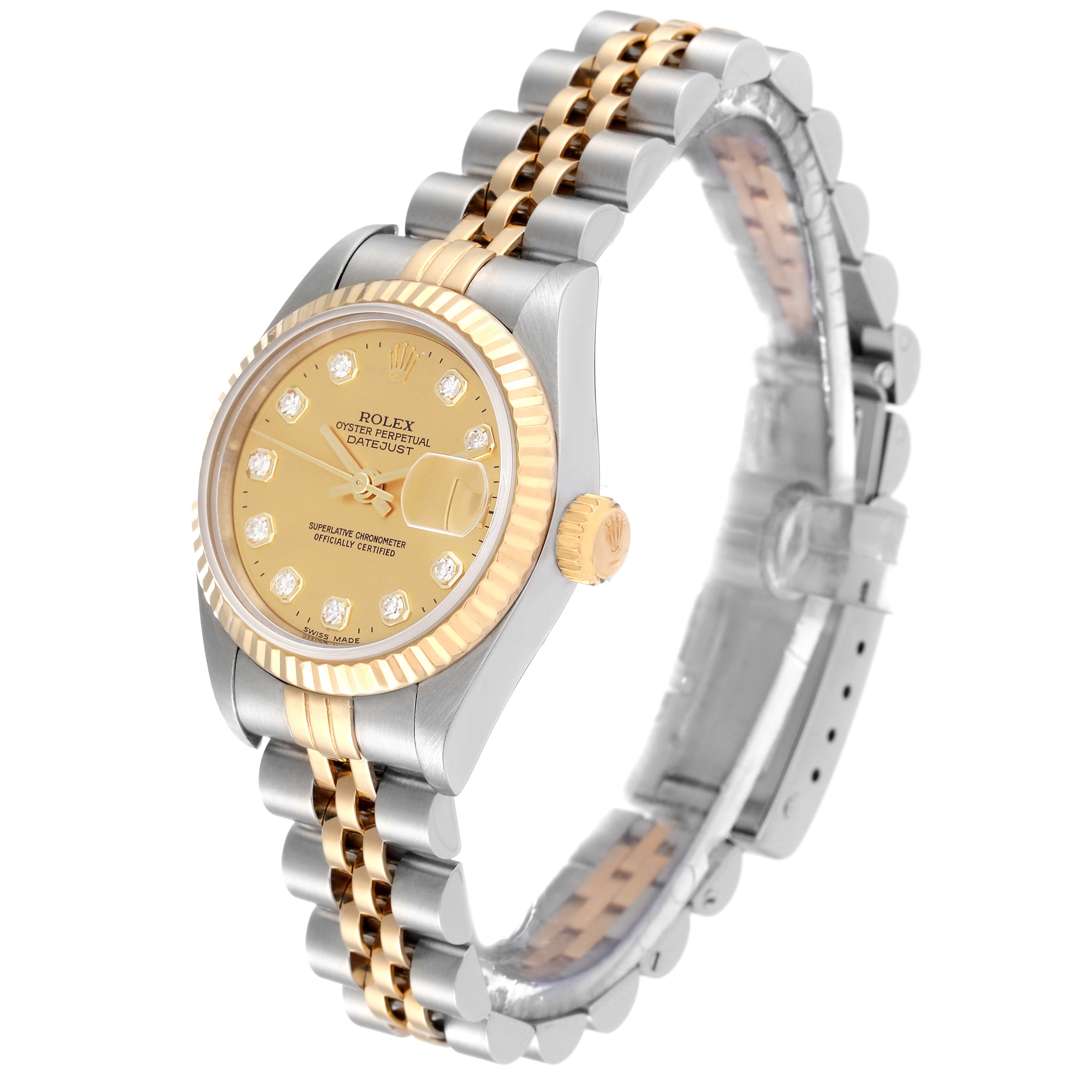 The image shows a Rolex Datejust 69173 Women's Steel and Gold (two tone) Champagne Dial 69173 Women's Steel and Gold (two tone) Champagne Dial watch at a three-quarter angle highlighting its face, bezel, crown, and two-tone bracelet.