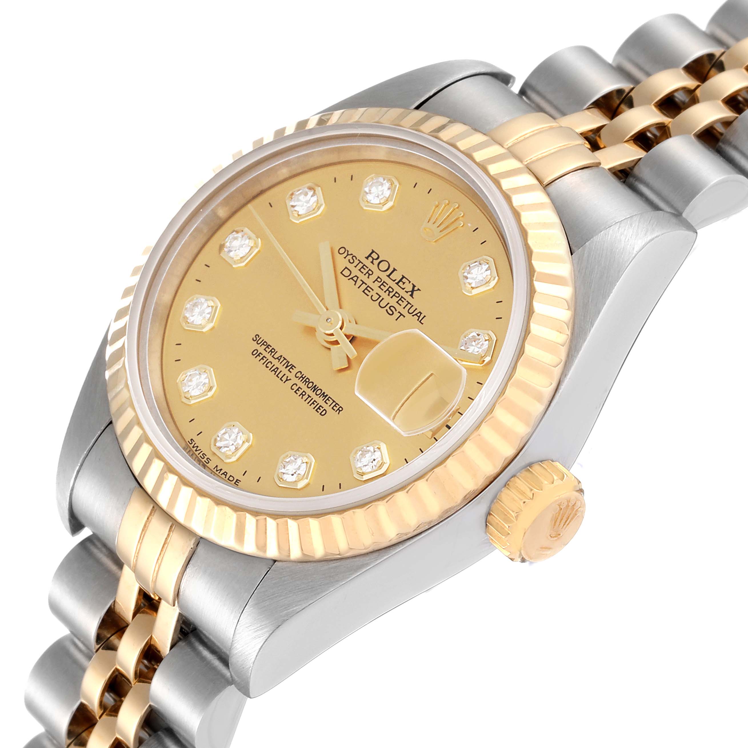 The image shows a close-up angle of the Rolex Datejust 69173 Women's Steel and Gold (two tone) Champagne Dial 69173 Women's Steel and Gold (two tone) Champagne Dial's dial, bezel, and part of the bracelet.
