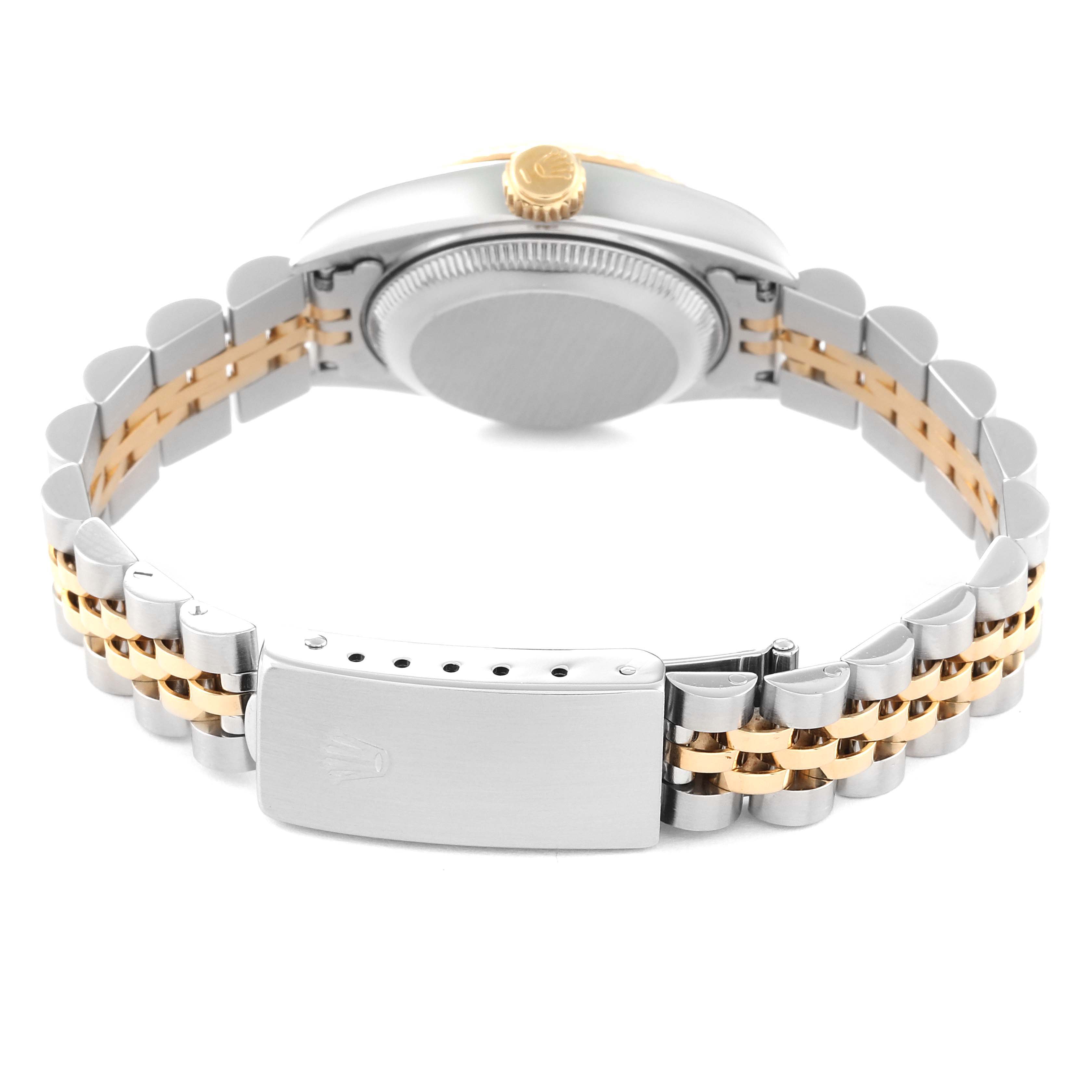 This image shows the back and clasp of a Rolex Datejust 69173 Women's Steel and Gold (two tone) Champagne Dial 69173 Women's Steel and Gold (two tone) Champagne Dial watch, with a two-tone metal bracelet and a visible crown.