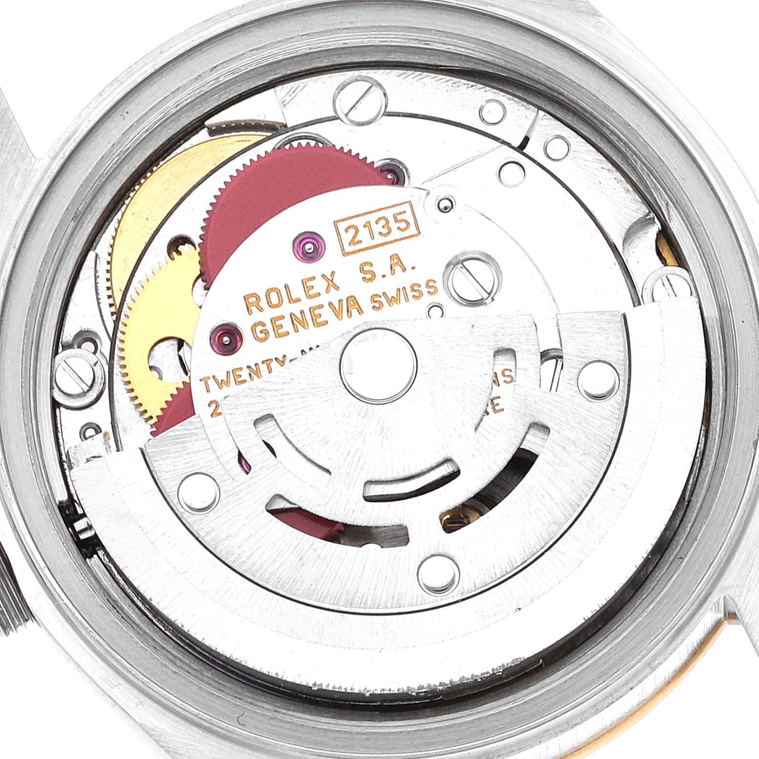 The image shows the internal mechanism of a Rolex Datejust 69173 Women's Steel and Gold (two tone) Champagne Dial 69173 Women's Steel and Gold (two tone) Champagne Dial watch, highlighting the movement gears and components.