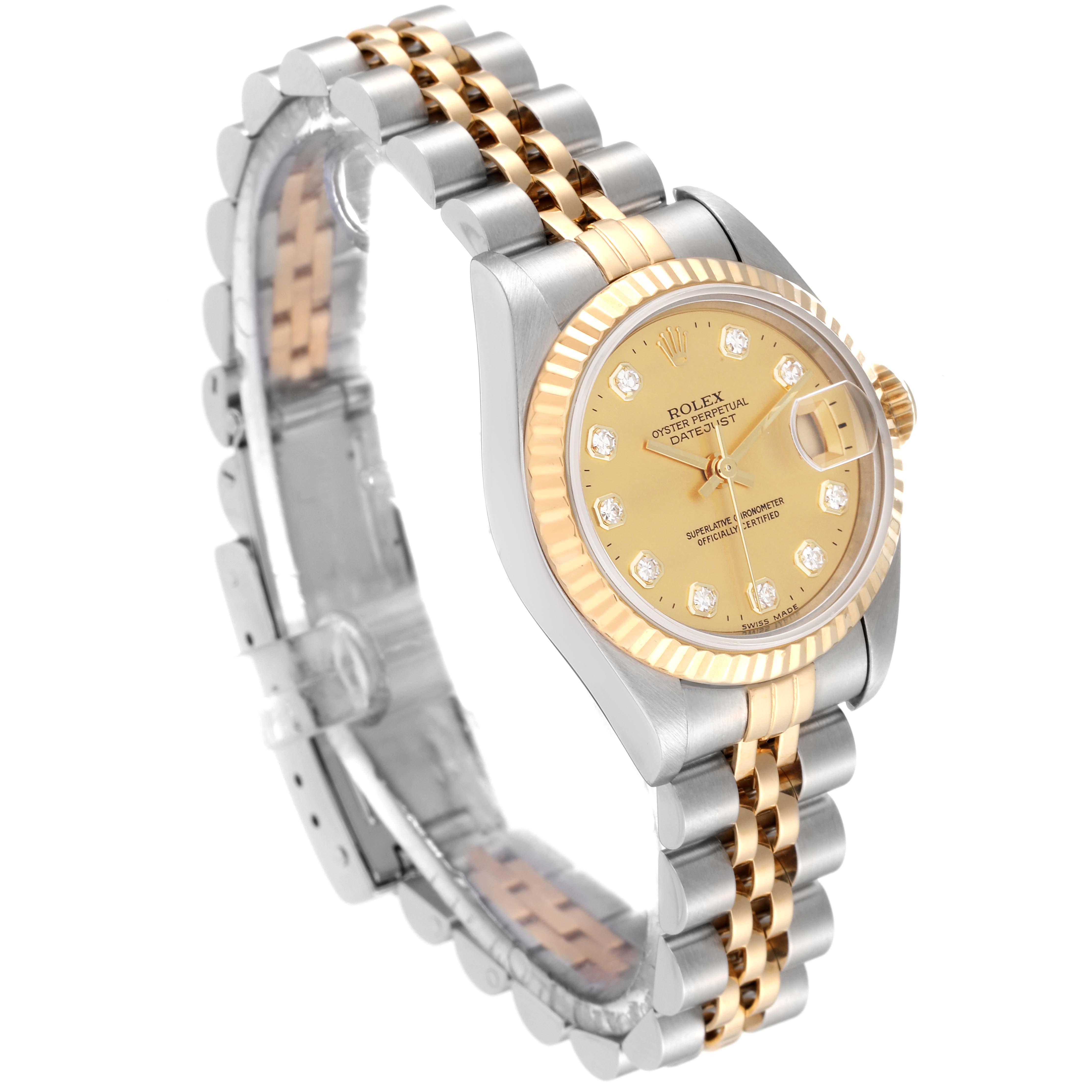 The image shows a Rolex Datejust 69173 Women's Steel and Gold (two tone) Champagne Dial 69173 Women's Steel and Gold (two tone) Champagne Dial watch from a 3/4 angle, highlighting the gold dial, diamond hour markers, and two-tone bracelet.