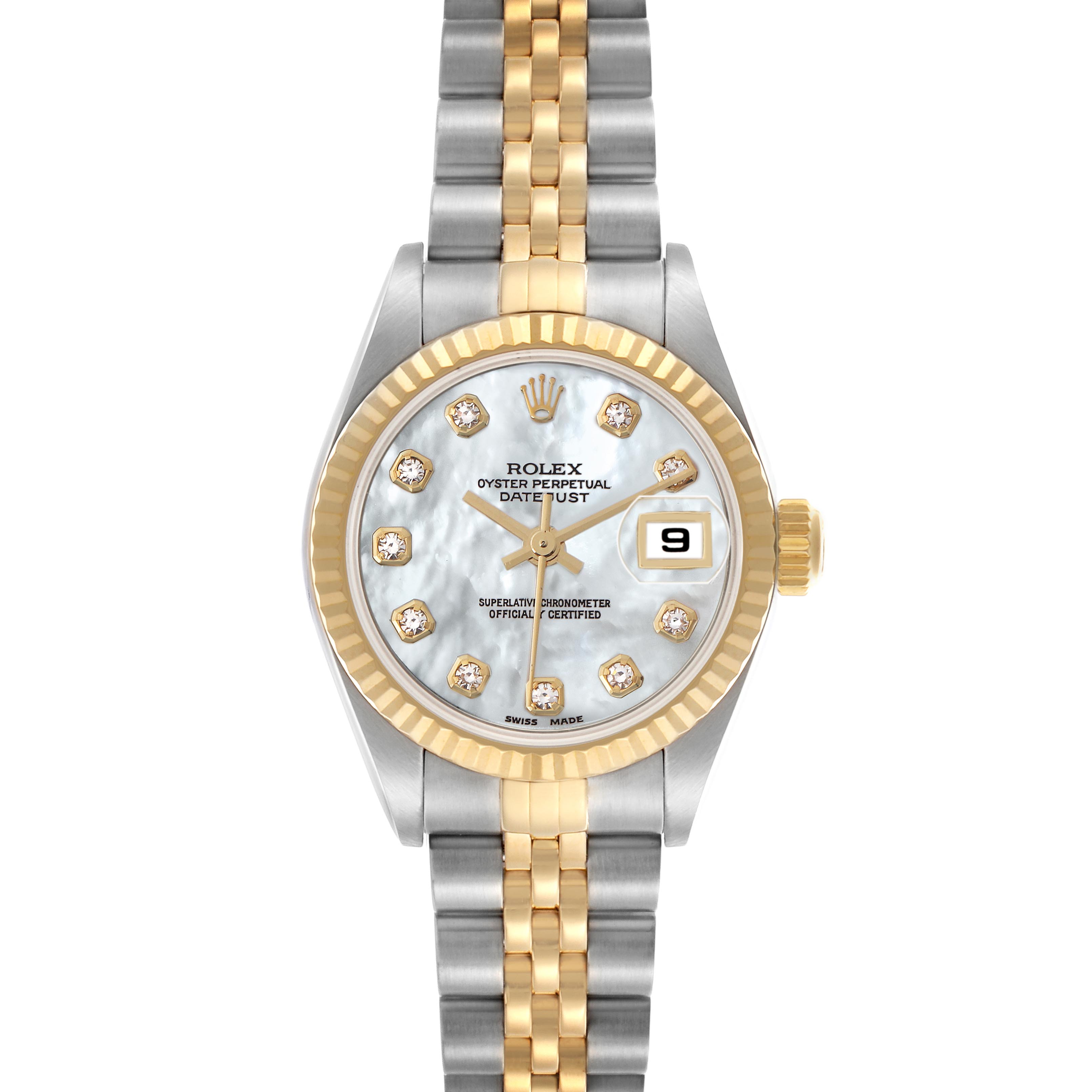 The Rolex Datejust 79173 Women
s Steel and Gold (two tone) Mother of Pearl Dial 79173 Women
s Steel and Gold (two tone) Mother of Pearl Dial watch is shown from a top view, displaying its dial, fluted bezel, and two-tone bracelet.