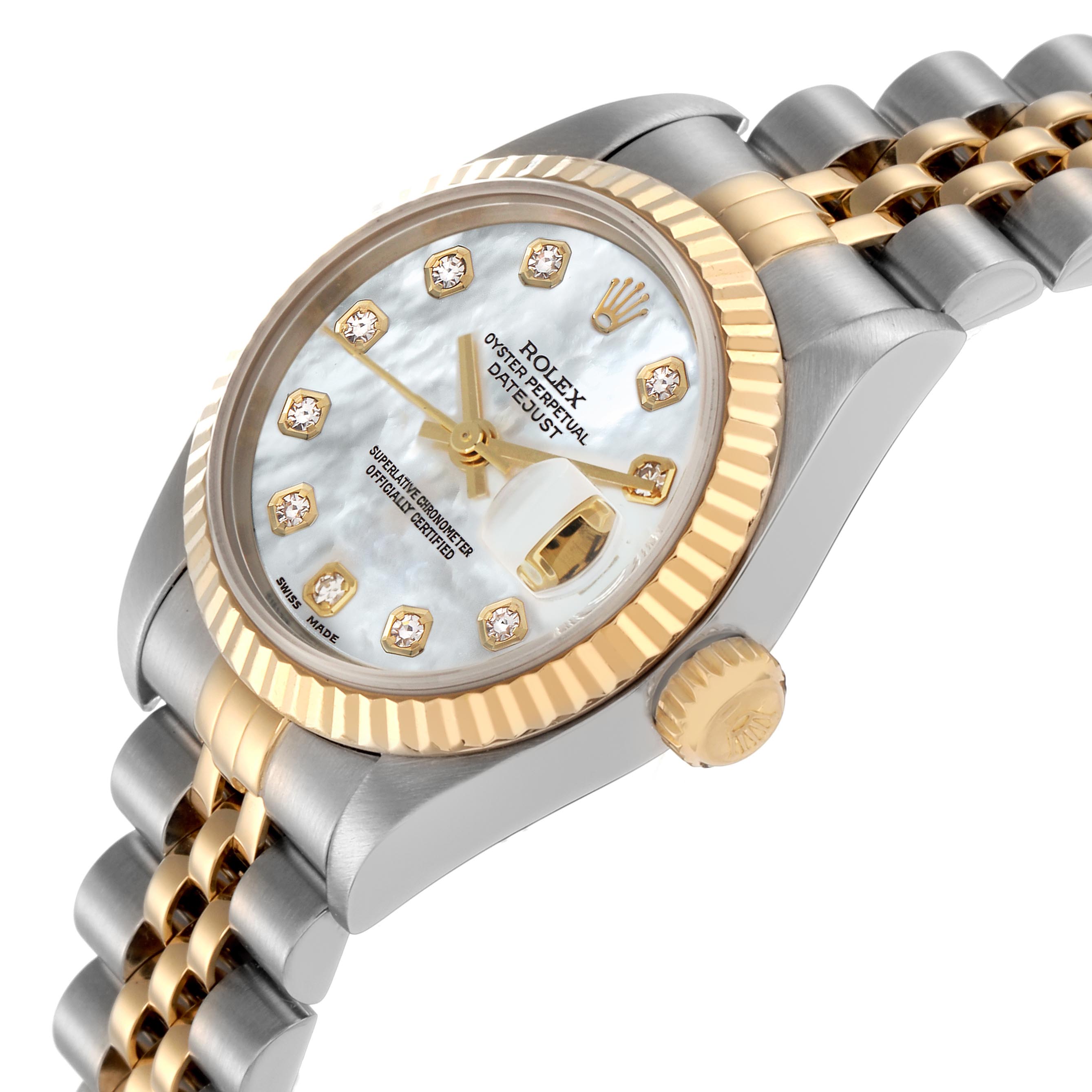 The Rolex Datejust 79173 Women
s Steel and Gold (two tone) Mother of Pearl Dial 79173 Women
s Steel and Gold (two tone) Mother of Pearl Dial watch is shown at a slight angle highlighting the dial, fluted bezel, crown, and part of the bracelet.
