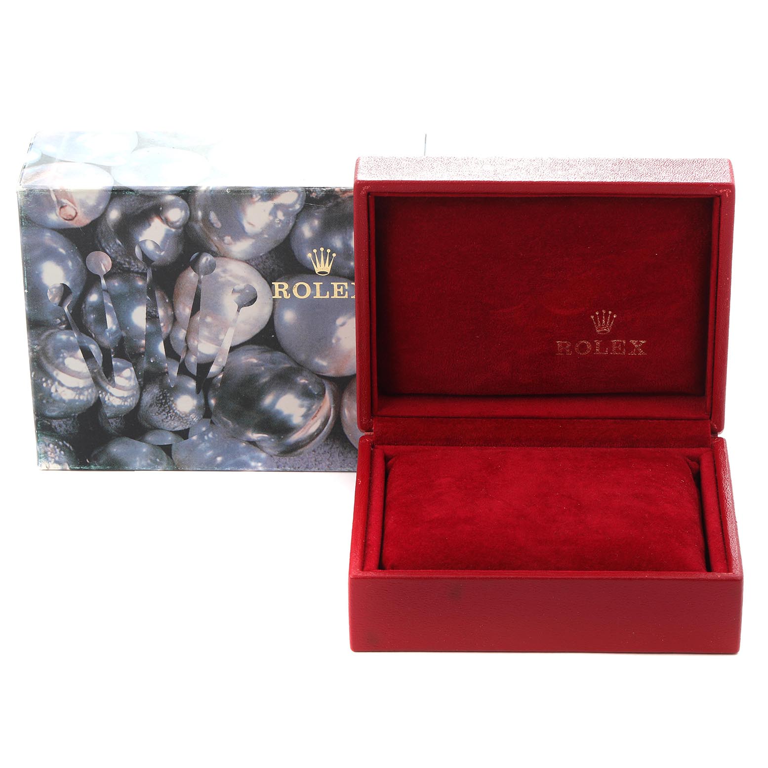 The image shows an open Rolex Datejust 79173 Women
s Steel and Gold (two tone) Mother of Pearl Dial 79173 Women
s Steel and Gold (two tone) Mother of Pearl Dial watch box with a red velvet interior and a jewelry-style outer box featuring a pearl design.