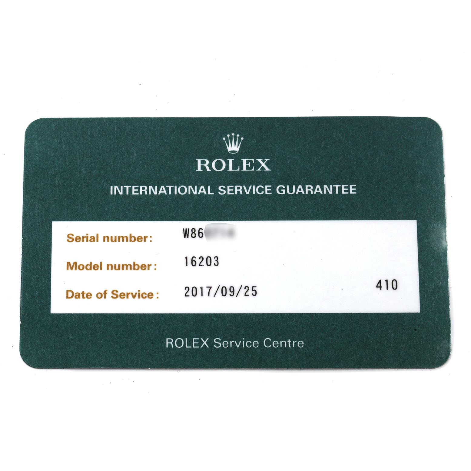 The image shows the International Service Guarantee card for a Rolex Datejust 16203 Men
s Steel and Gold (two tone) Grey Dial 16203 Men
s Steel and Gold (two tone) Grey Dial, displaying serial and model numbers.
