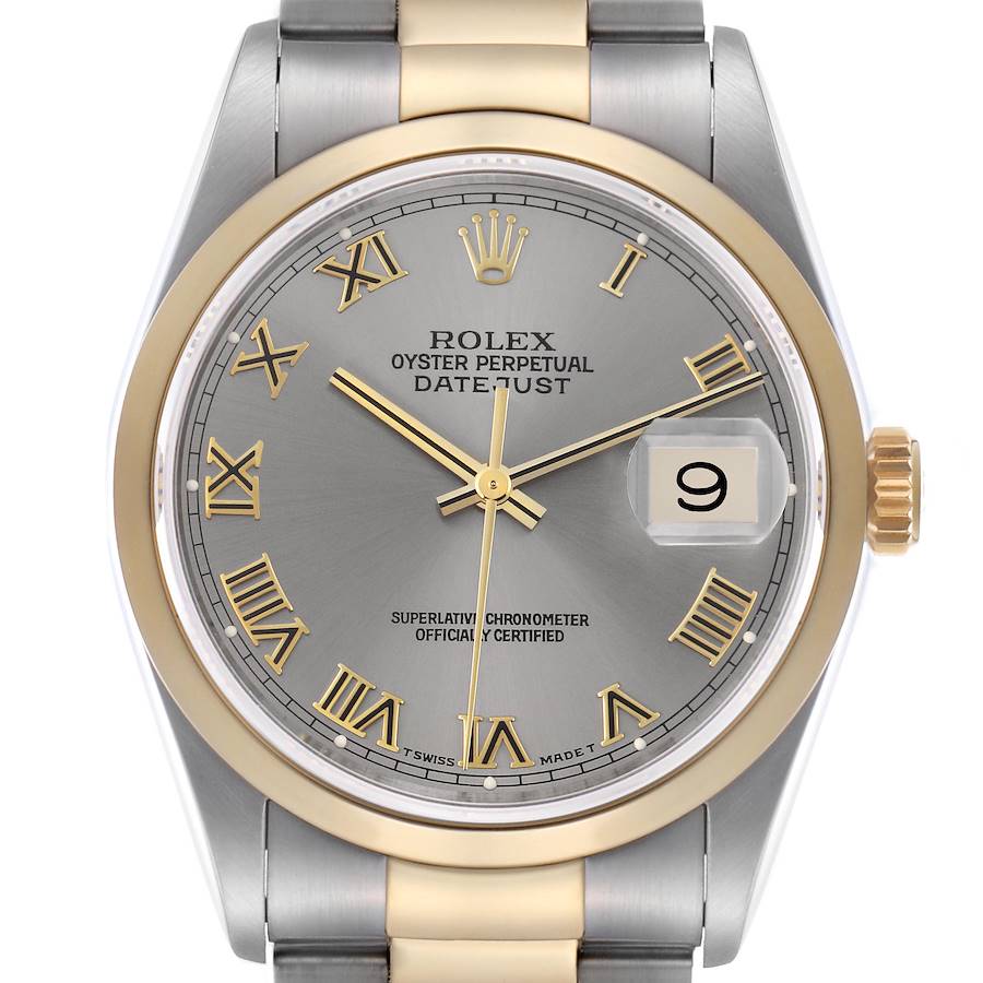 The Rolex Datejust watch is shown from a front angle, highlighting the dial, bezel, crown, and part of the bracelet.
