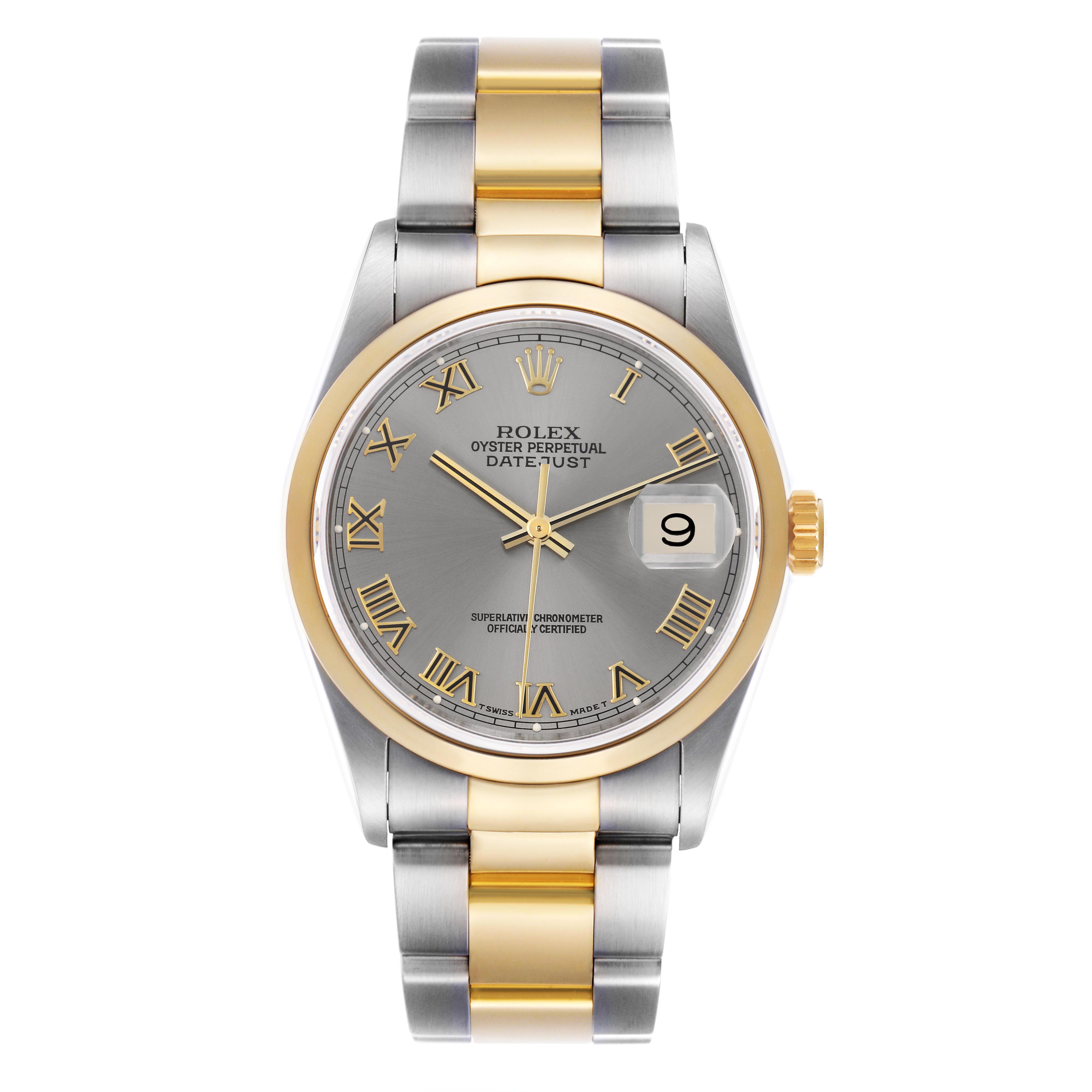The Rolex Datejust 16203 Men
s Steel and Gold (two tone) Grey Dial 16203 Men
s Steel and Gold (two tone) Grey Dial watch is shown from a top-down angle, highlighting the dial, bezel, and bracelet.