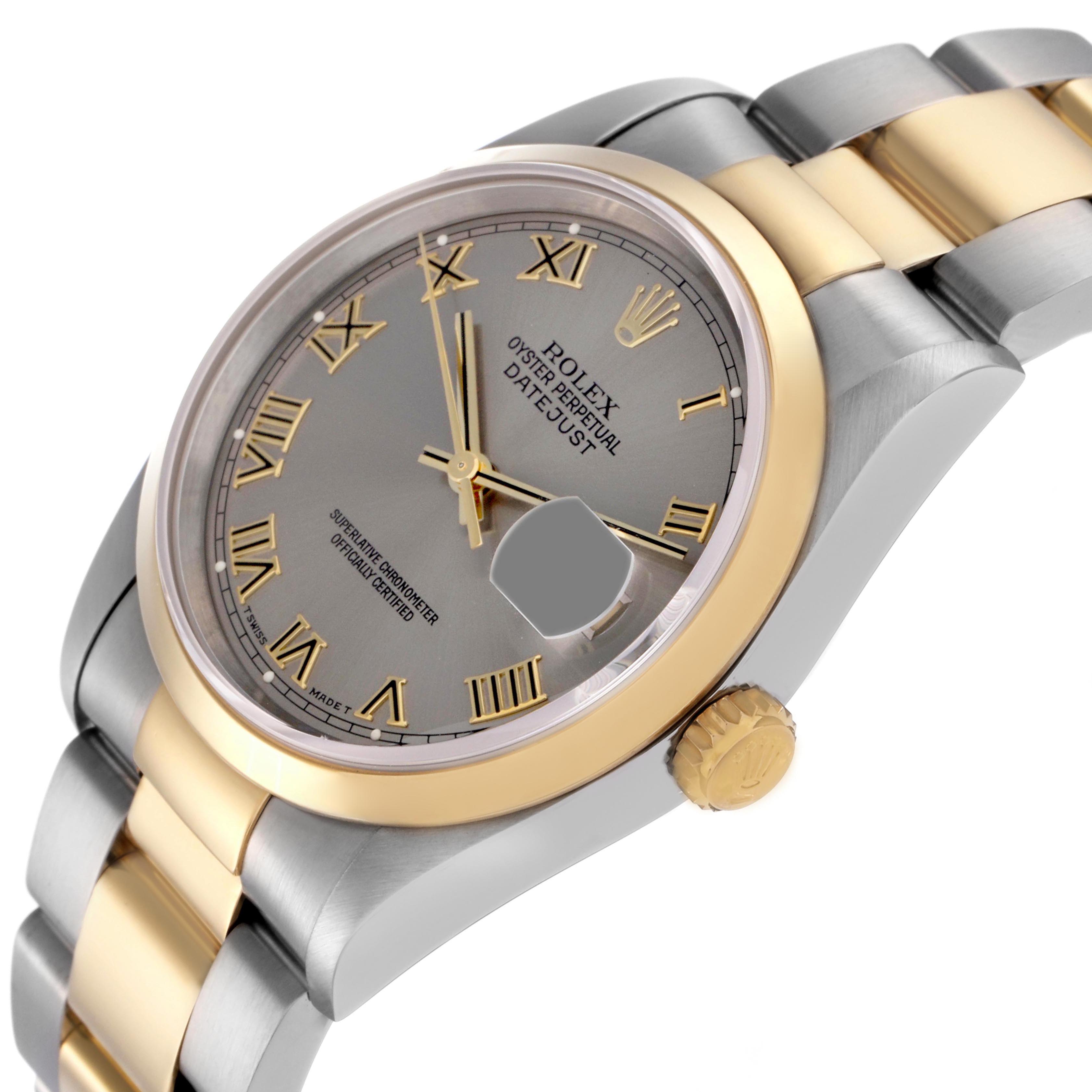 The Rolex Datejust 16203 Men
s Steel and Gold (two tone) Grey Dial 16203 Men
s Steel and Gold (two tone) Grey Dial watch is shown at a side angle, displaying the dial, bezel, bracelet, and crown.