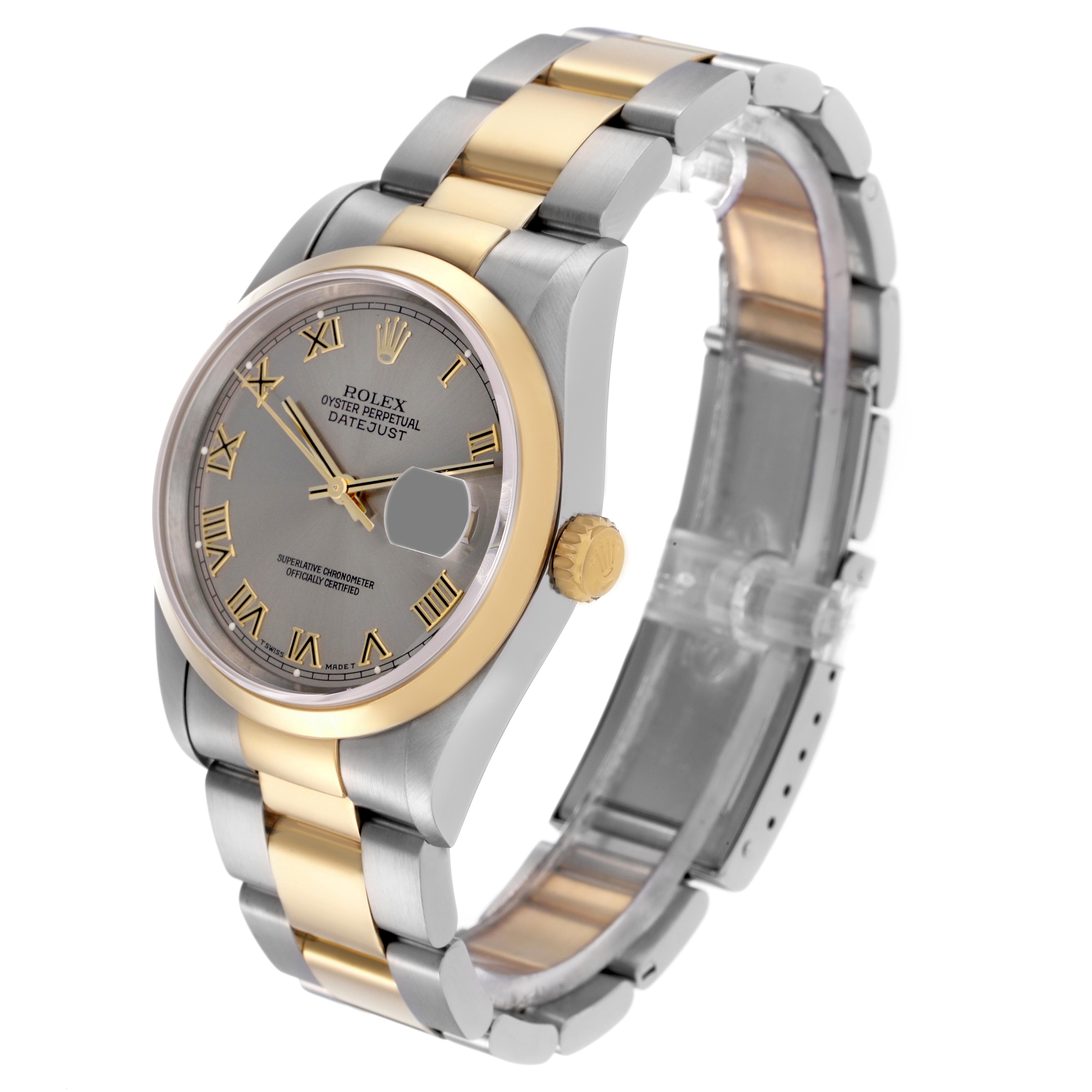 The Rolex Datejust 16203 Men
s Steel and Gold (two tone) Grey Dial 16203 Men
s Steel and Gold (two tone) Grey Dial watch is shown at a three-quarter angle, highlighting the dial, bezel, crown, and bracelet.