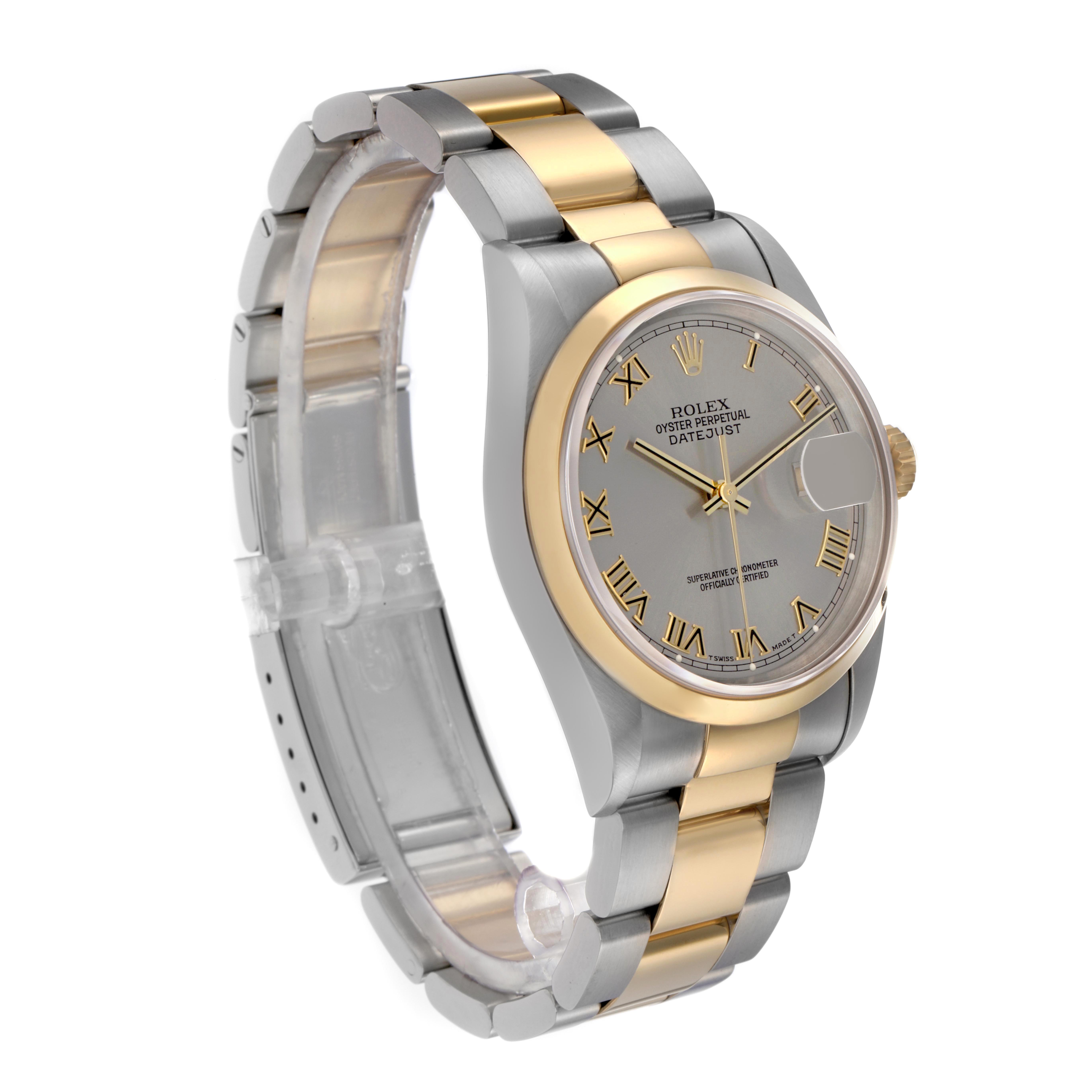 The Rolex Datejust 16203 Men
s Steel and Gold (two tone) Grey Dial 16203 Men
s Steel and Gold (two tone) Grey Dial watch is shown at a three-quarter angle, highlighting the face, bezel, and bracelet.