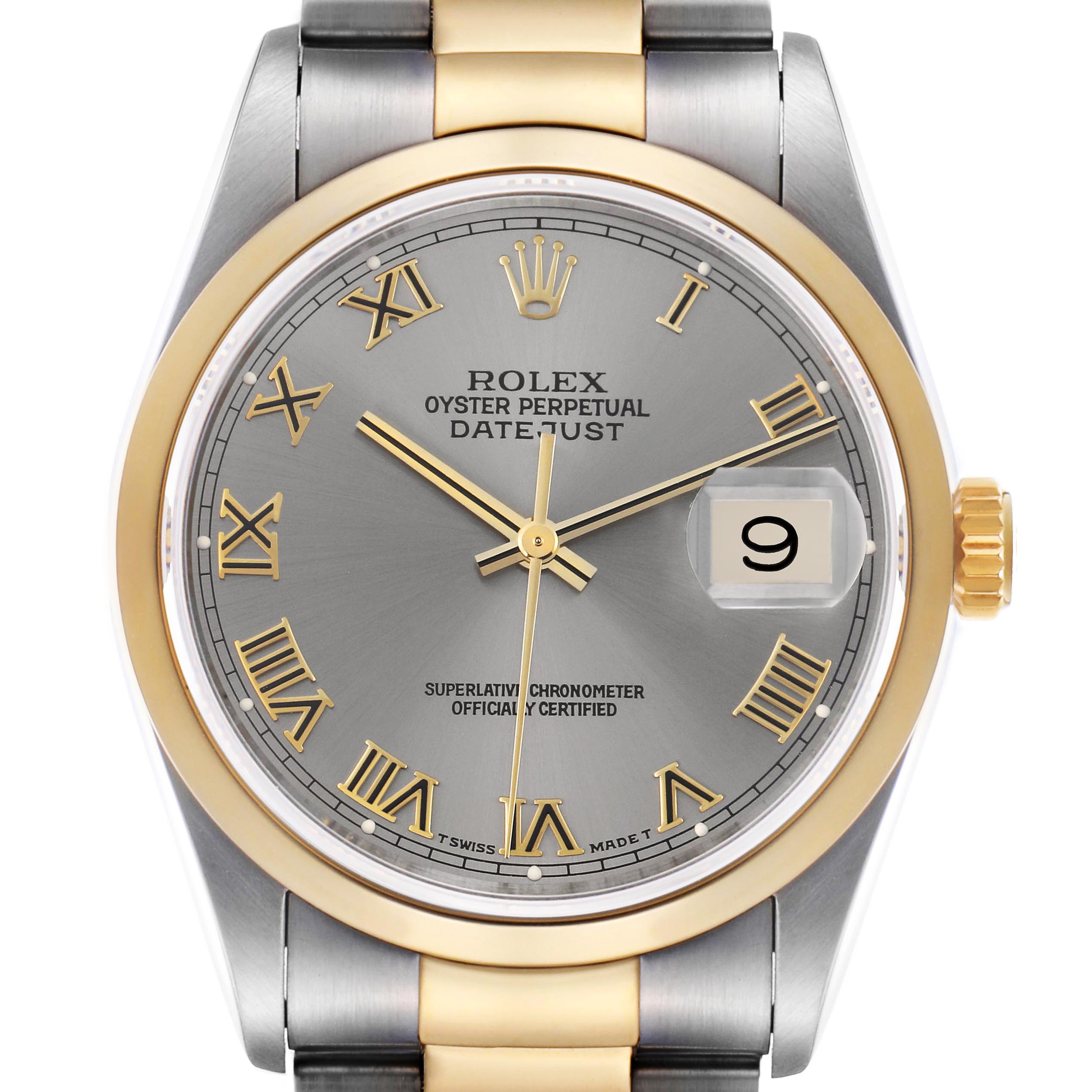 The Rolex Datejust 16203 Men
s Steel and Gold (two tone) Grey Dial 16203 Men
s Steel and Gold (two tone) Grey Dial watch is shown from a front angle, highlighting the dial, bezel, hands, and part of the bracelet.