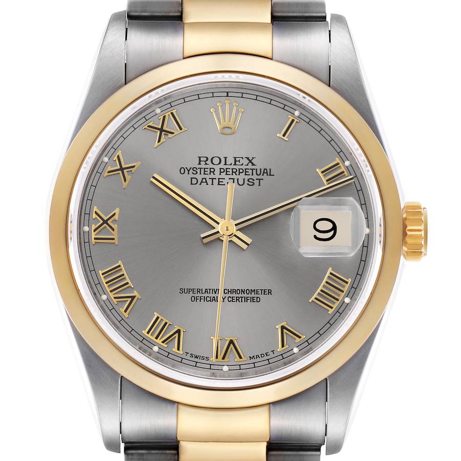 The Rolex Datejust watch is shown from a front angle, highlighting the dial, bezel, hands, and part of the bracelet.