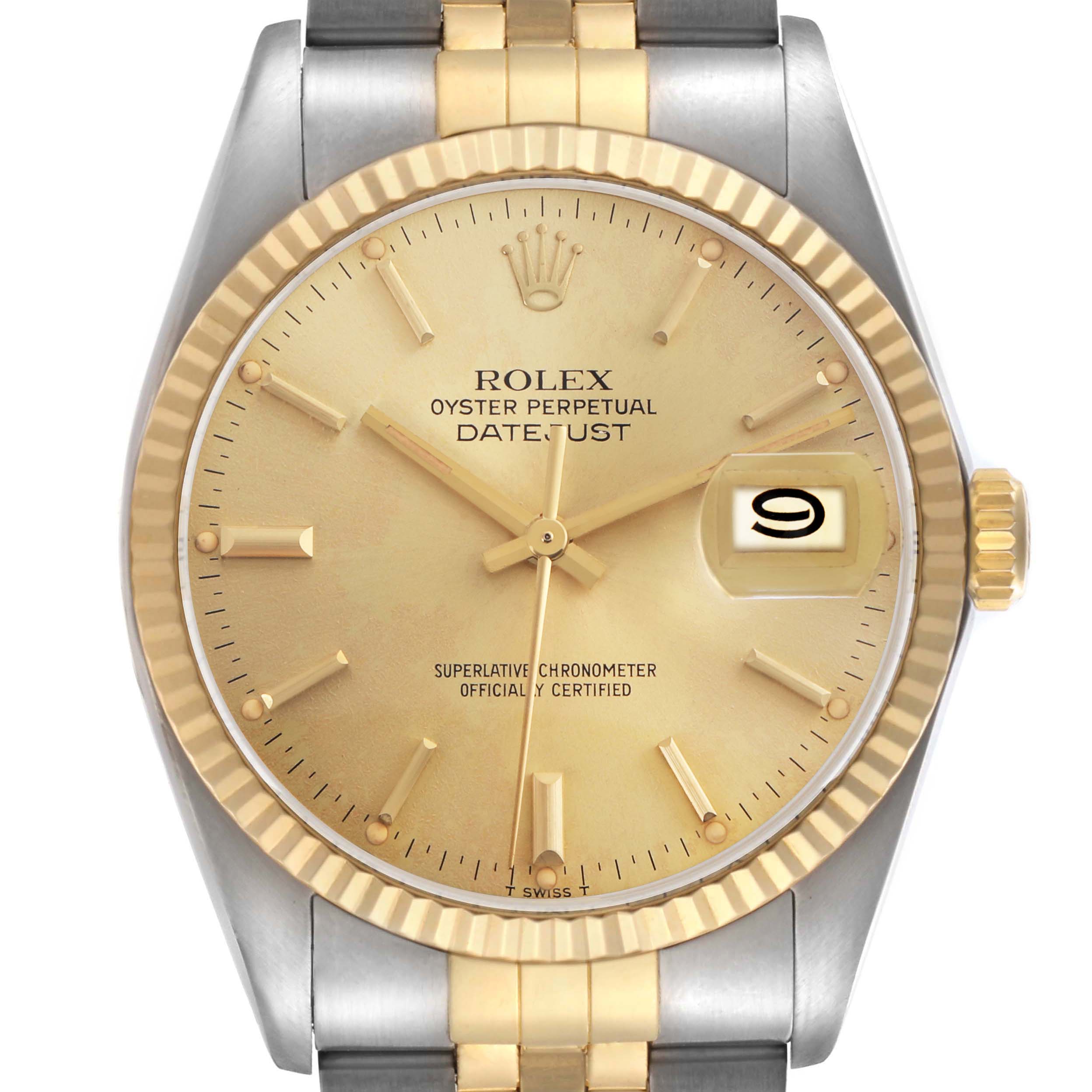The Rolex Datejust 16013 Men
s Steel and Gold (two tone) Champagne Dial 16013 Men
s Steel and Gold (two tone) Champagne Dial watch is shown from a front angle, featuring the face, bezel, hands, and part of the bracelet.