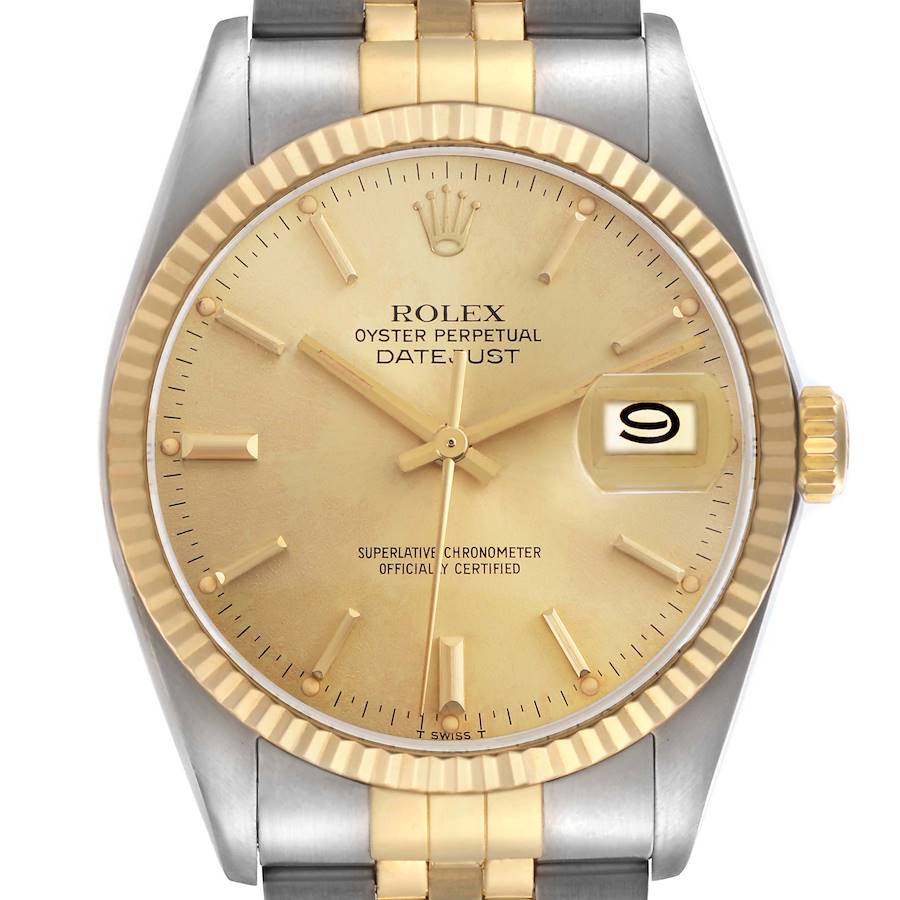 The Rolex Datejust watch is shown from a front angle, featuring the face, bezel, hands, and part of the bracelet.