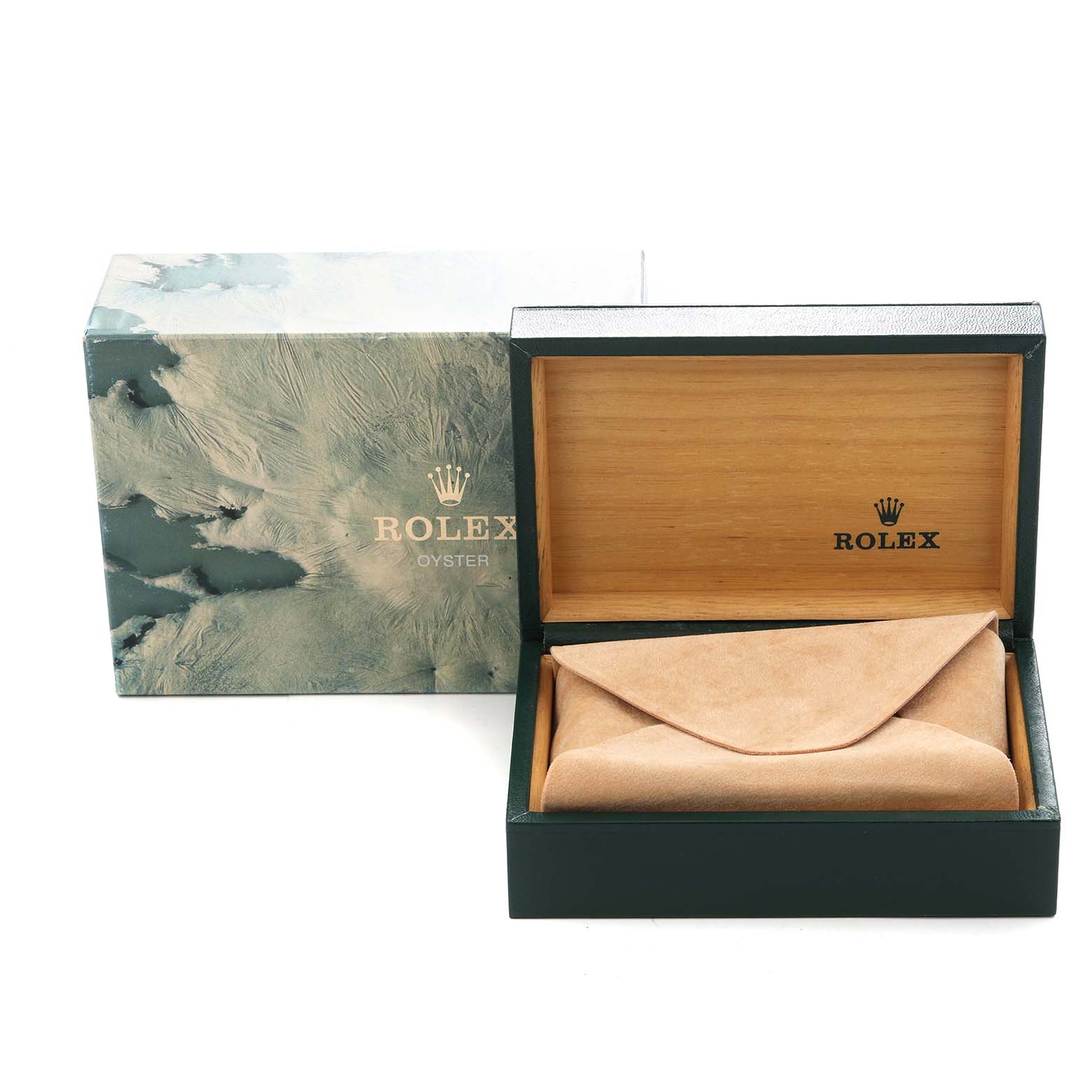 The image shows a Rolex Datejust 16013 Men
s Steel and Gold (two tone) Champagne Dial 16013 Men
s Steel and Gold (two tone) Champagne Dial box and packaging with an open lid, revealing a soft pouch inside.