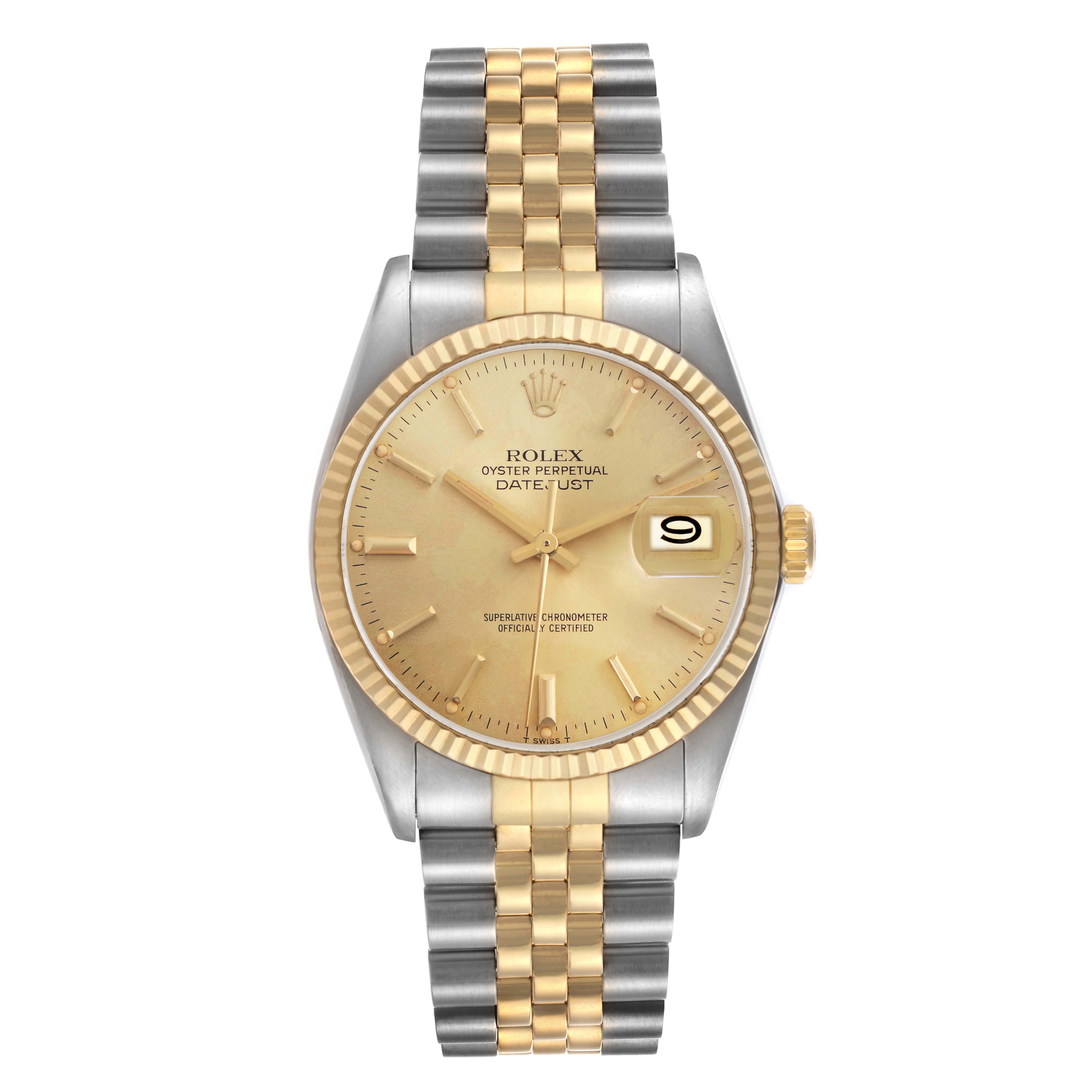 The Rolex Datejust 16013 Men
s Steel and Gold (two tone) Champagne Dial 16013 Men
s Steel and Gold (two tone) Champagne Dial watch is shown from a front angle, displaying the gold dial, fluted bezel, date display, and two-tone bracelet.