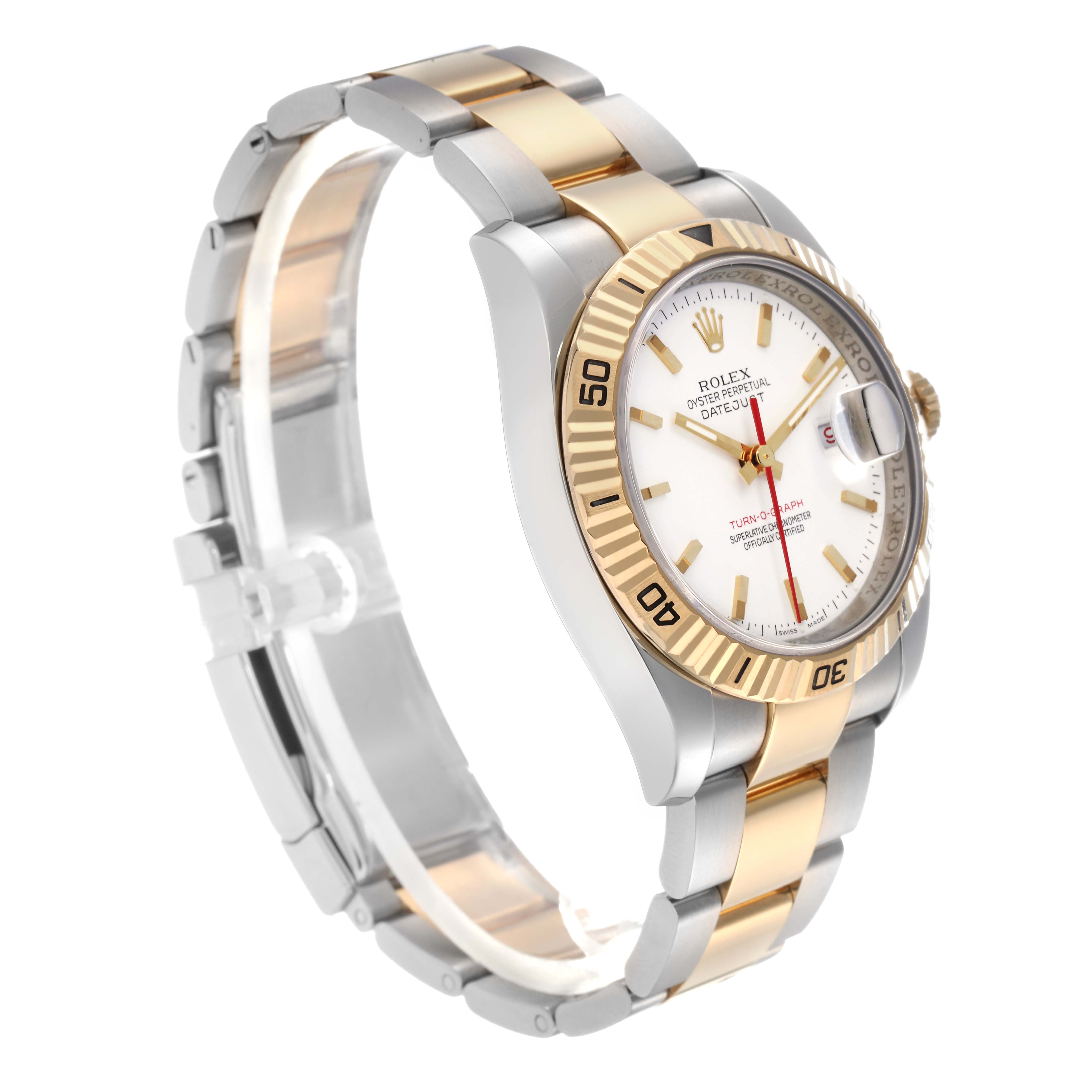 The Rolex Turn-o-Graph 116263 Men
s Steel and Gold (two tone) White Dial 116263 Men
s Steel and Gold (two tone) White Dial watch is shown at a three-quarter angle, highlighting the bezel, dial, and bracelet.