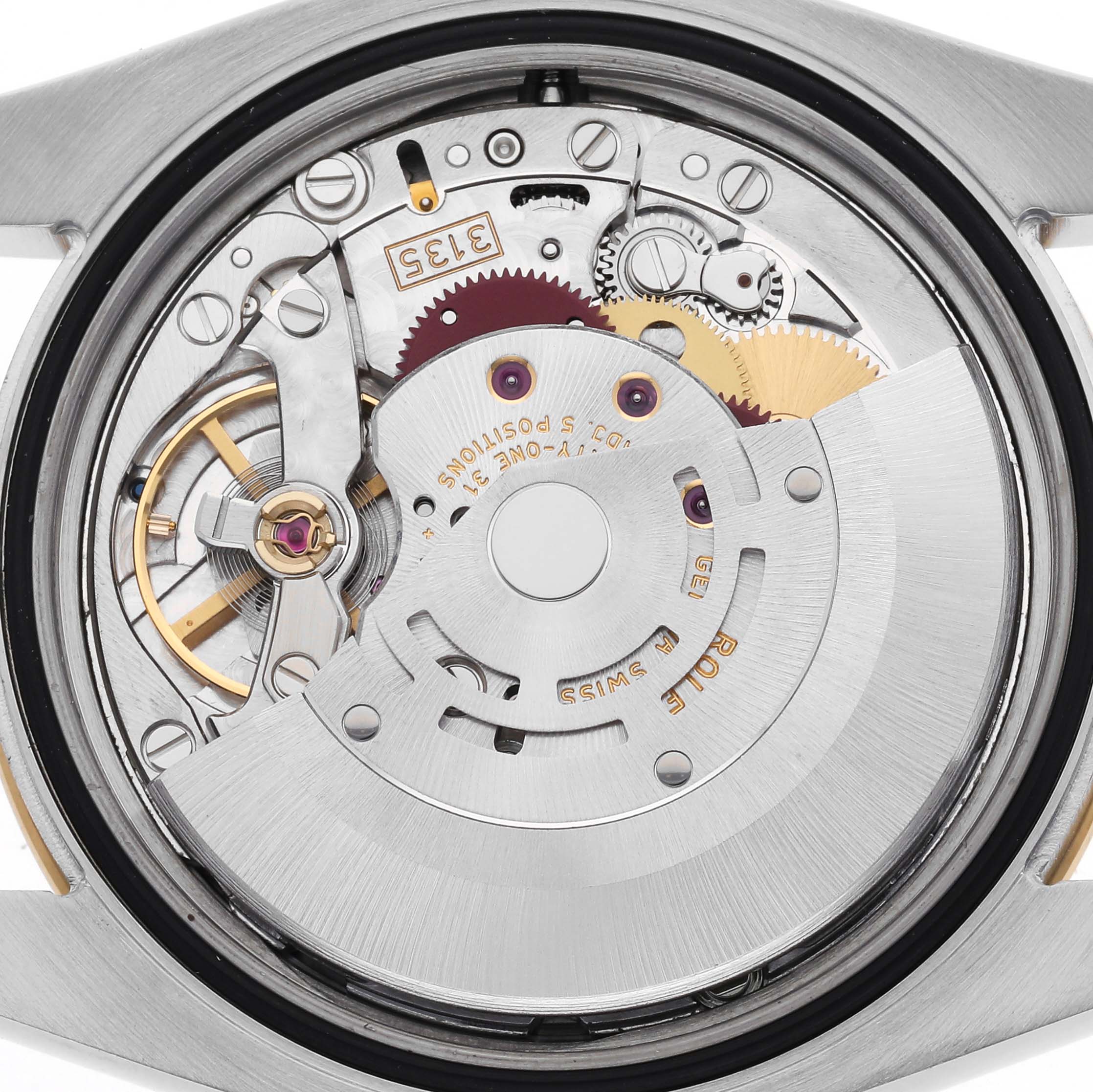 The image shows the detailed movement mechanism of a Rolex Turn-o-Graph 116263 Men
s Steel and Gold (two tone) White Dial 116263 Men
s Steel and Gold (two tone) White Dial watch, viewed from the back.
