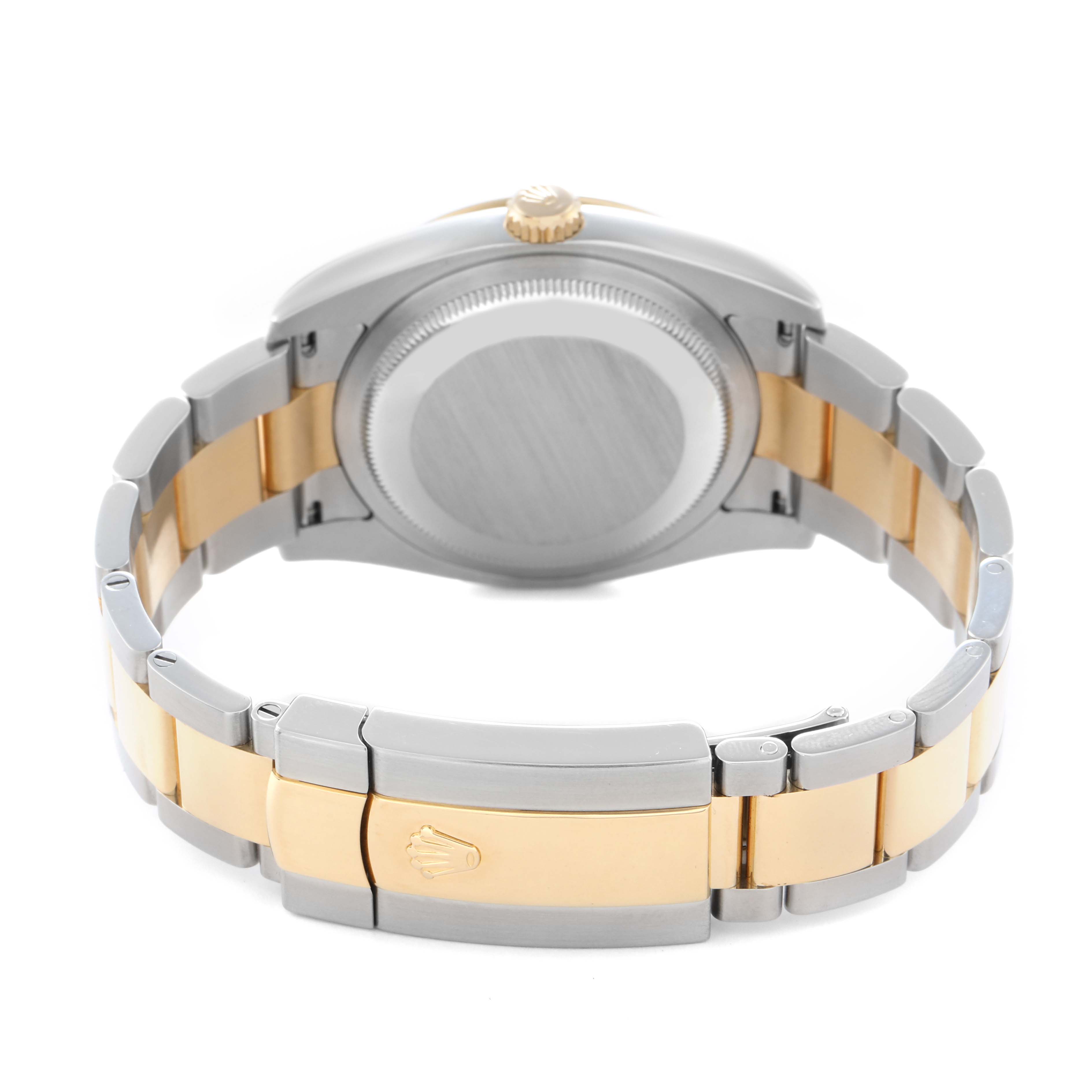 The image shows the back view of the Rolex Turn-o-Graph 116263 Men
s Steel and Gold (two tone) White Dial 116263 Men
s Steel and Gold (two tone) White Dial watch, highlighting the clasp, bracelet, and case back.
