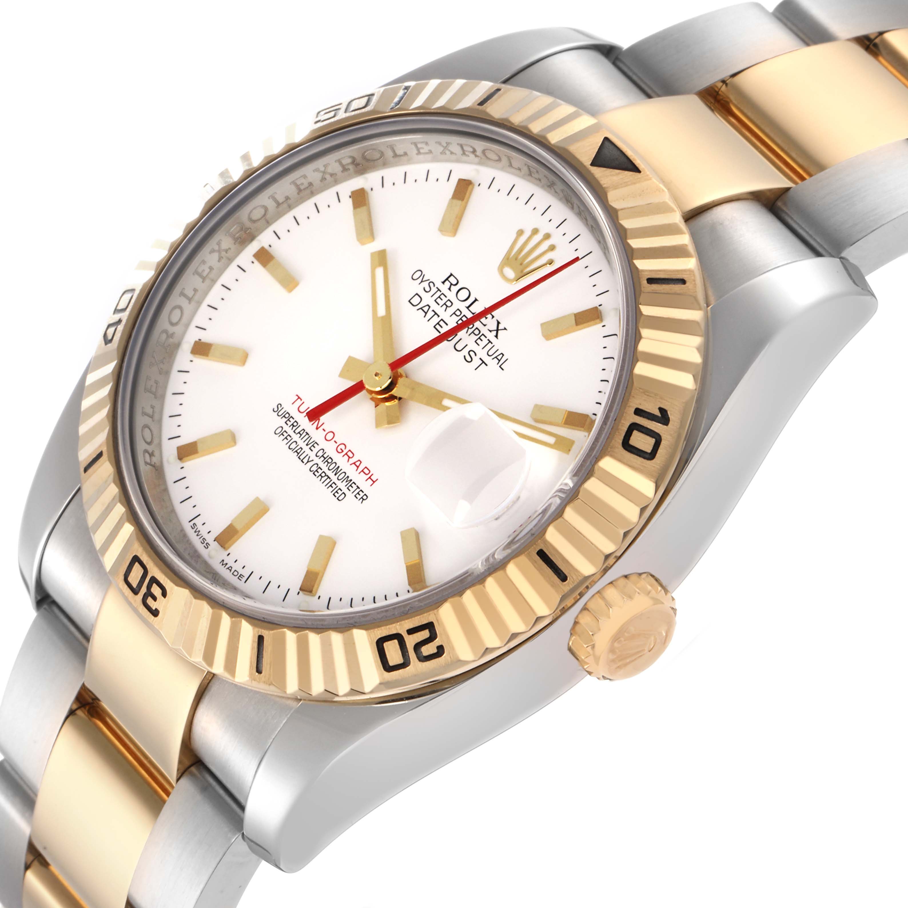 The image shows a Rolex Turn-o-Graph 116263 Men
s Steel and Gold (two tone) White Dial 116263 Men
s Steel and Gold (two tone) White Dial watch at an angled view, highlighting its golden bezel, white dial, and two-tone bracelet.