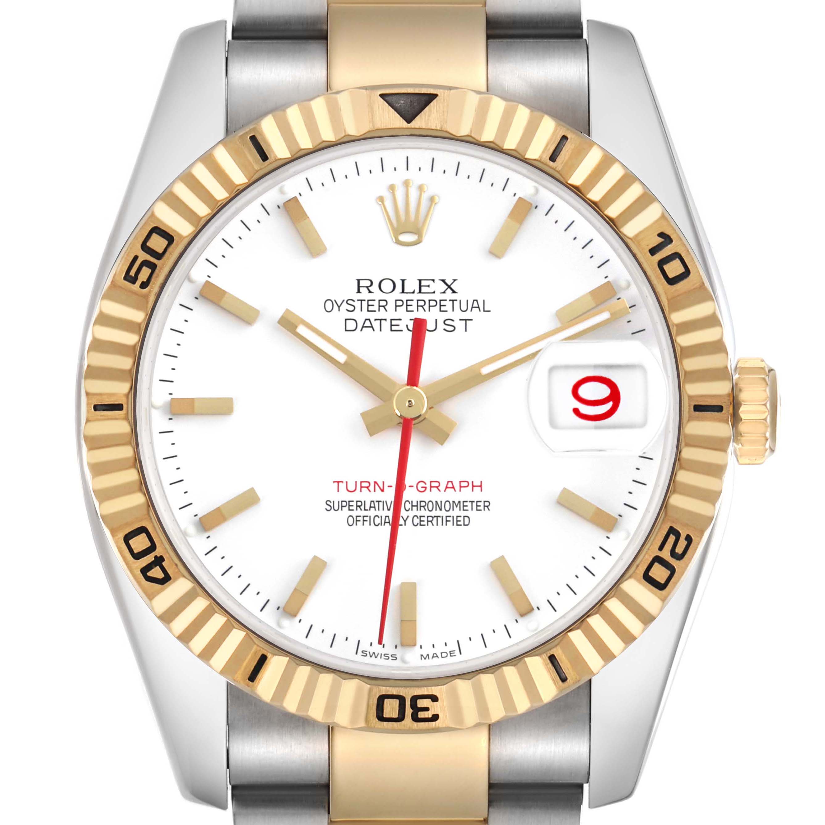 The Rolex Turn-o-Graph 116263 Men's Steel and Gold (two tone) White Dial watch is shown from the front, highlighting the dial, bezel, and crown.