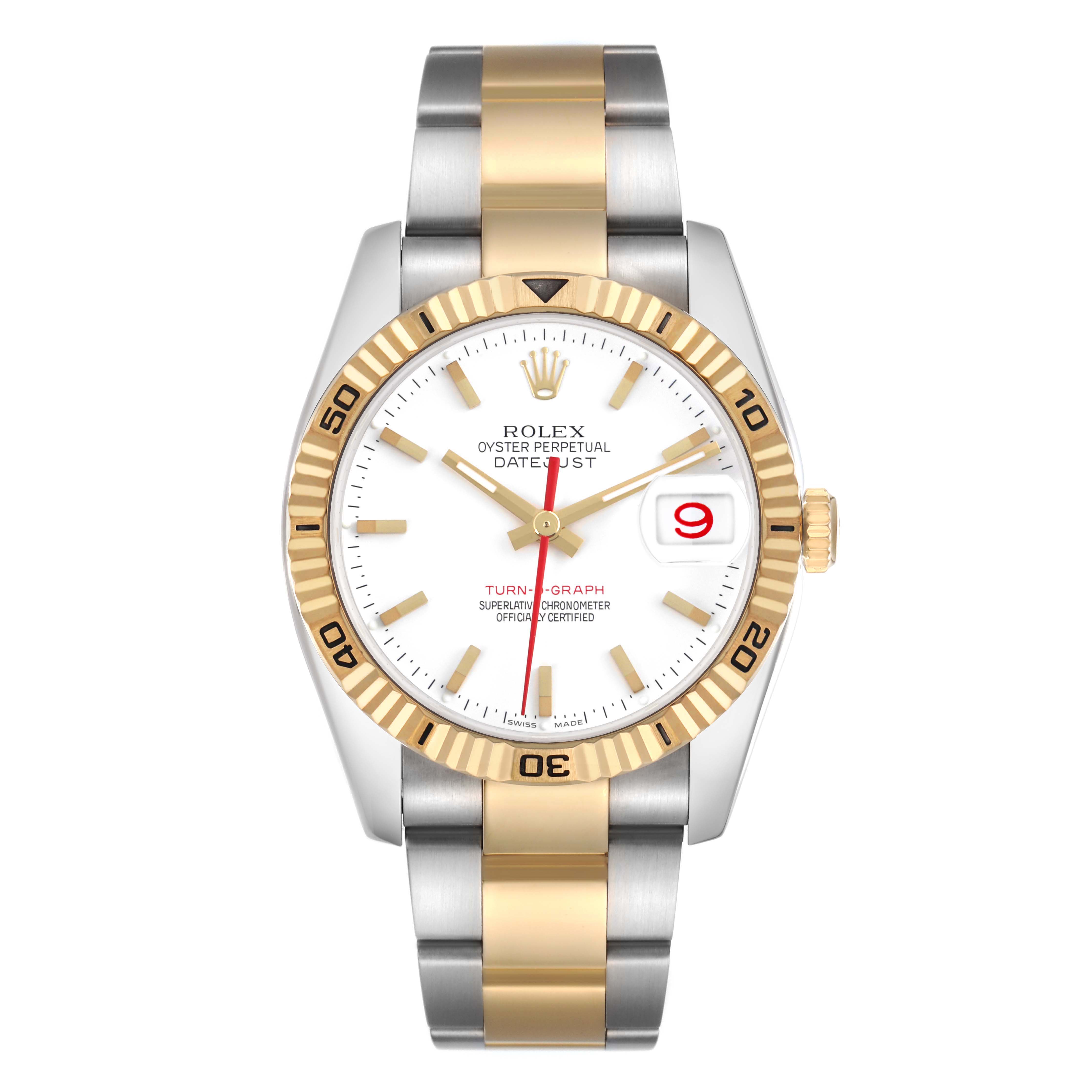 The image features a Rolex Turn-o-Graph 116263 Men's Steel and Gold (two tone) White Dial watch, showcasing the dial, bezel, and bracelet from a front view.