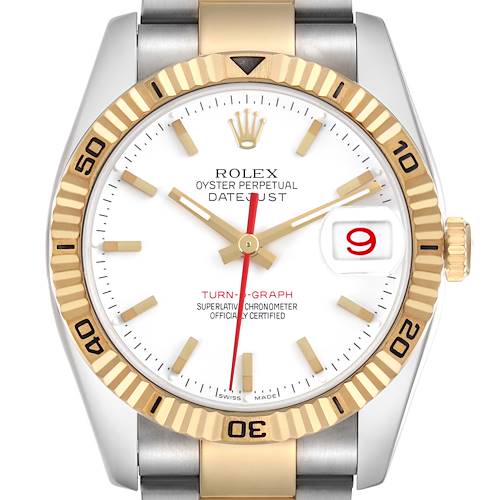 The Rolex Turn-o-Graph 116263 Men's Steel and Gold (two tone) White Dial watch is shown from the front, displaying the face, bezel, markers, and crown.