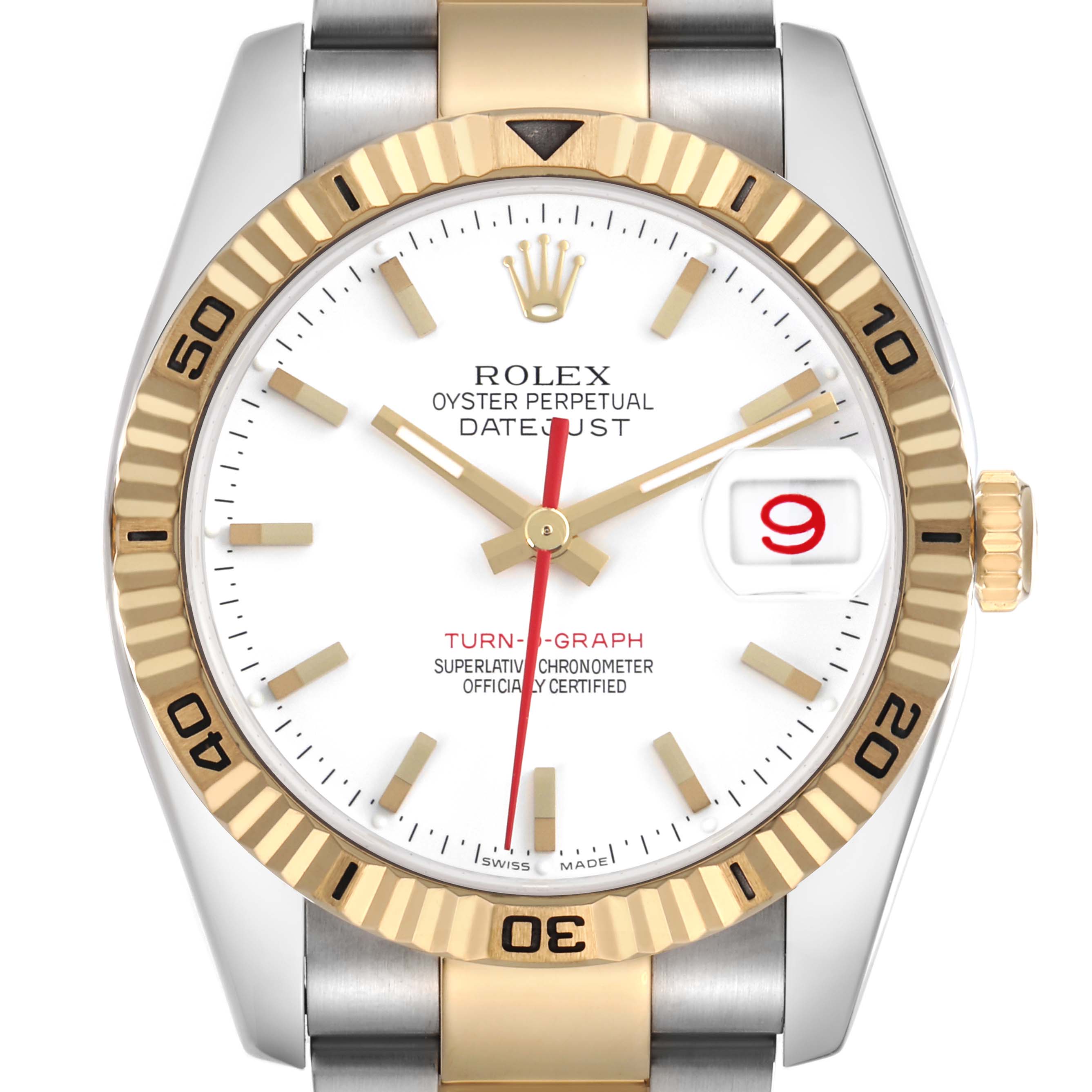 The Rolex Turn-o-Graph 116263 Men
s Steel and Gold (two tone) White Dial 116263 Men
s Steel and Gold (two tone) White Dial watch is shown from a front view, highlighting the dial, bezel, and crown.