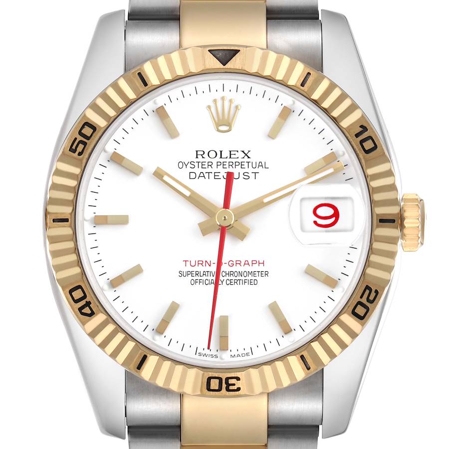 The Rolex Turn-o-Graph watch is shown from a front view, highlighting the dial, bezel, and crown.