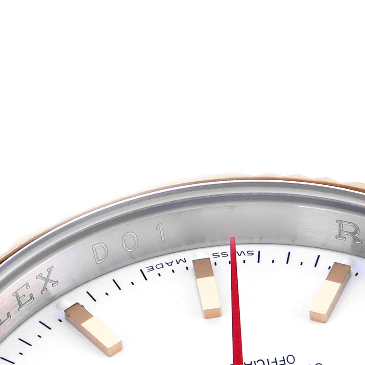 The image shows a partial top view of a Rolex Turn-o-Graph 116263 Men
s Steel and Gold (two tone) White Dial 116263 Men
s Steel and Gold (two tone) White Dial watch, highlighting the bezel, red second hand, and hour markers.