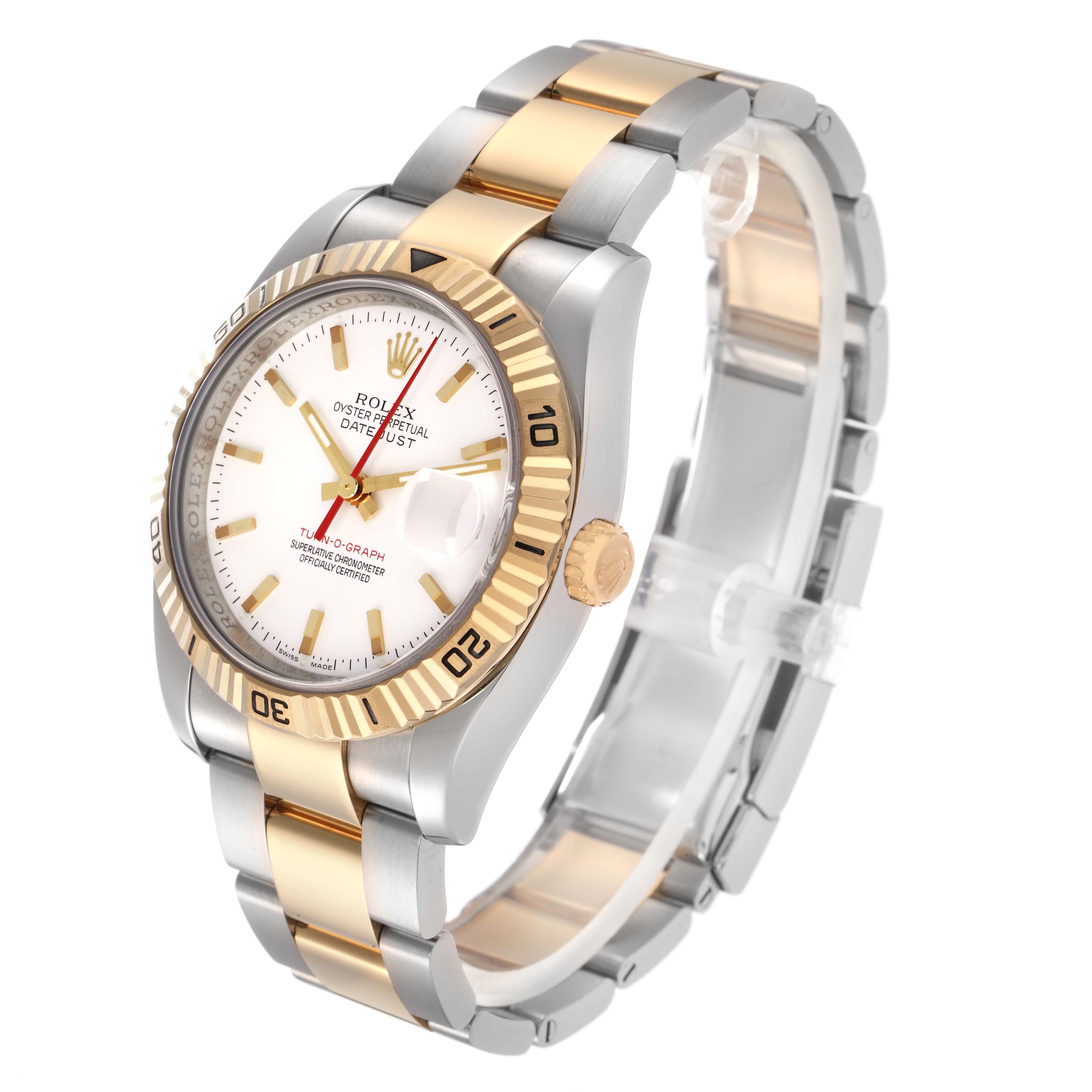 The image shows a Rolex Turn-o-Graph 116263 Men
s Steel and Gold (two tone) White Dial 116263 Men
s Steel and Gold (two tone) White Dial watch at a three-quarter angle, displaying the face, bezel, and bracelet.