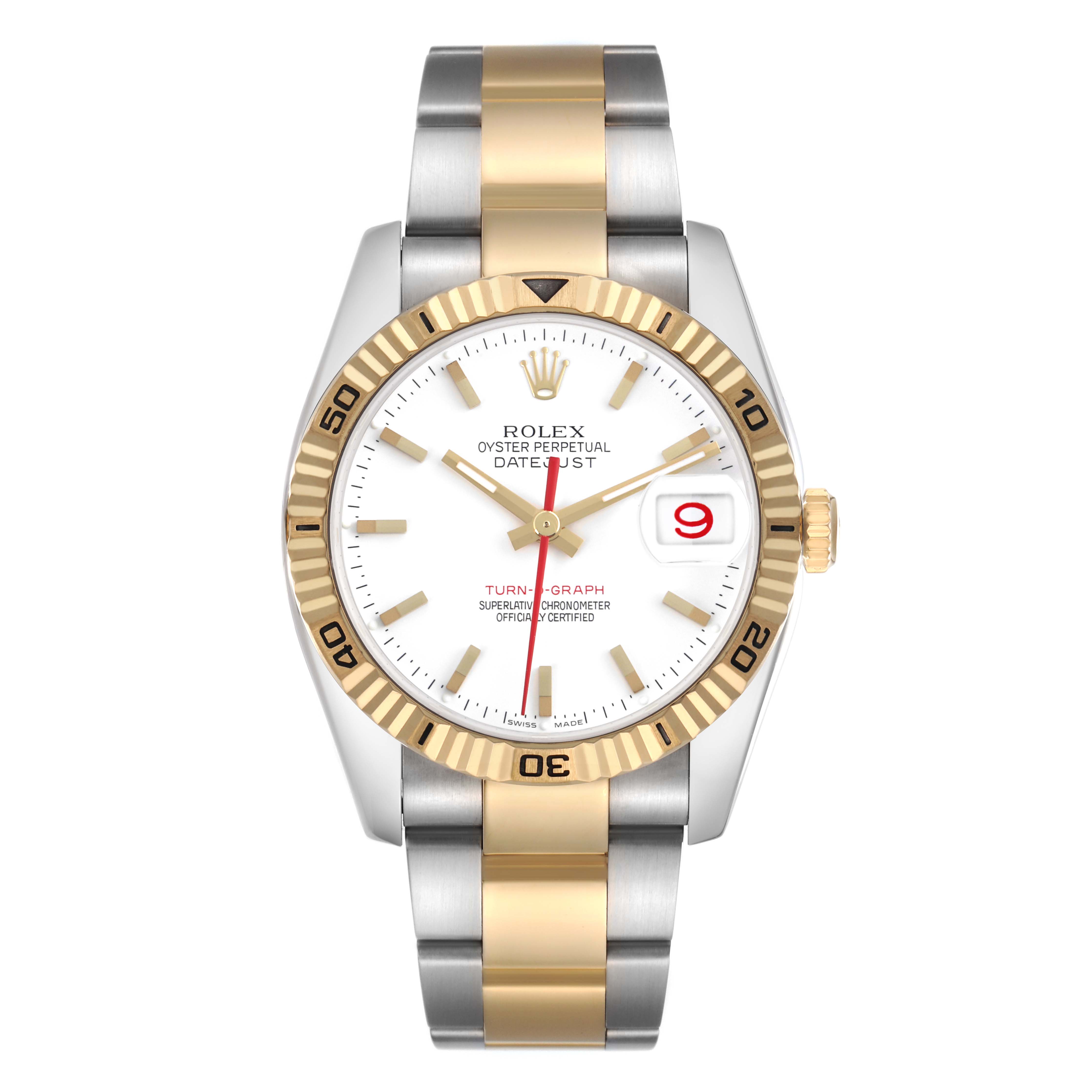 The Rolex Turn-o-Graph 116263 Men
s Steel and Gold (two tone) White Dial 116263 Men
s Steel and Gold (two tone) White Dial watch is shown from a front angle, displaying the bezel, dial, hands, bracelet, and date window.