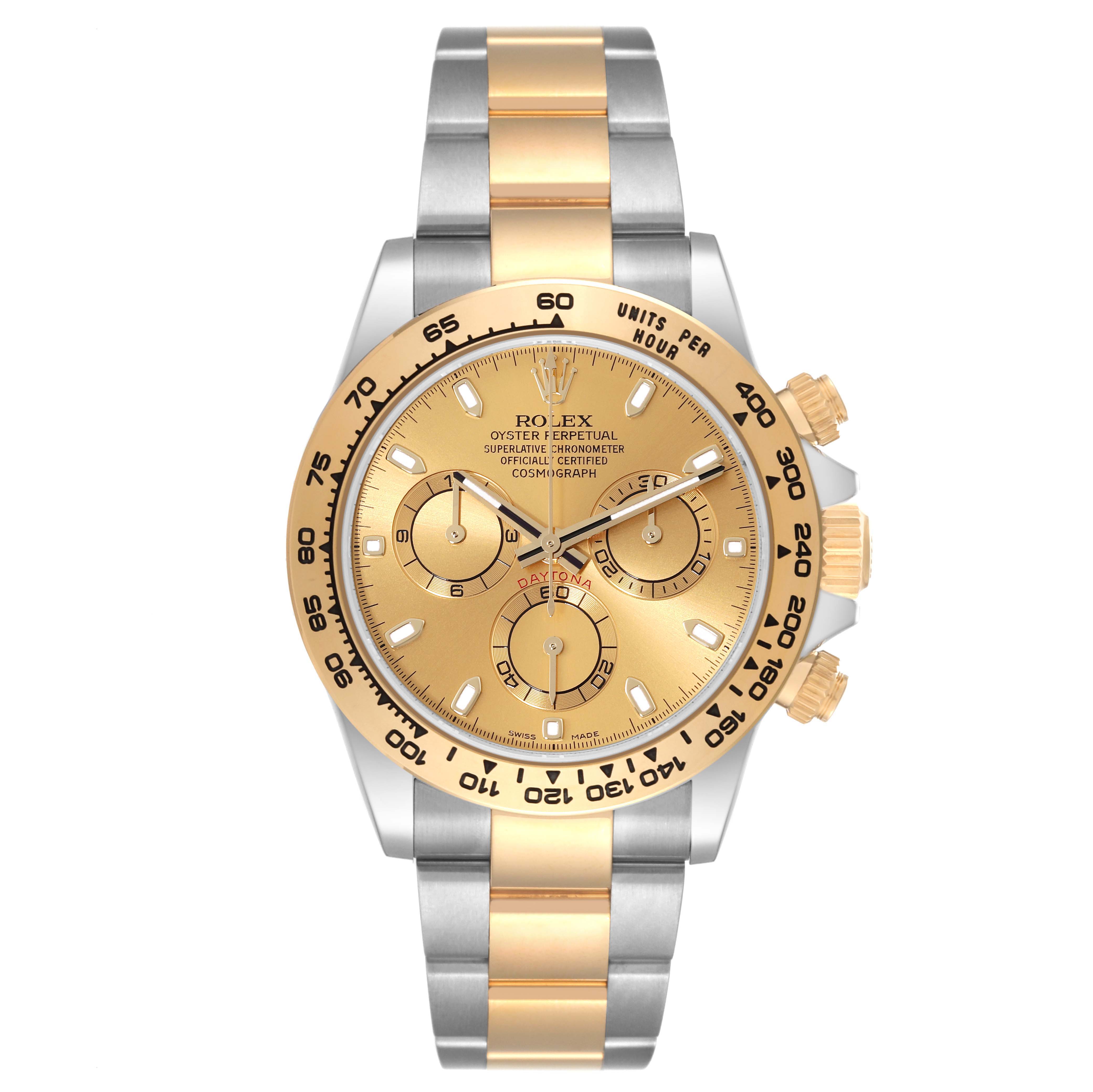 The image shows a front view of a Rolex Daytona 116503 Men's Steel and Gold (two tone) Champagne Dial 116503 Men's Steel and Gold (two tone) Champagne Dial watch displaying its gold and silver bracelet, dial, and bezel.