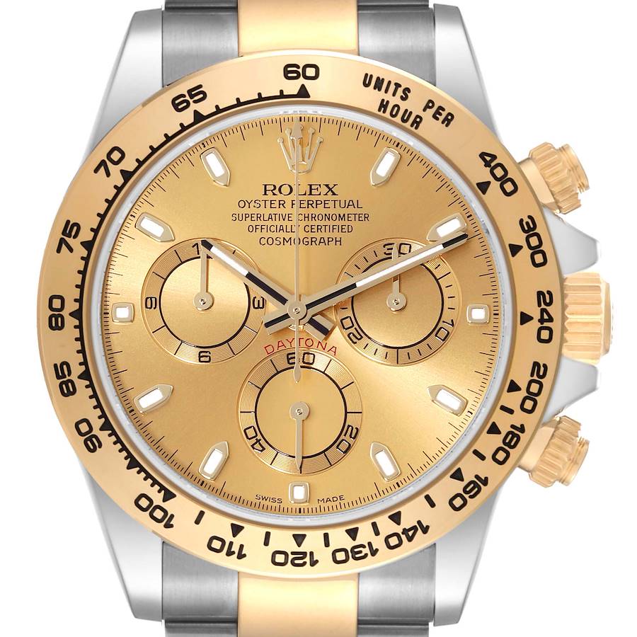 The image shows a frontal close-up of a Rolex Daytona watch, highlighting its dial, sub-dials, and bezel.