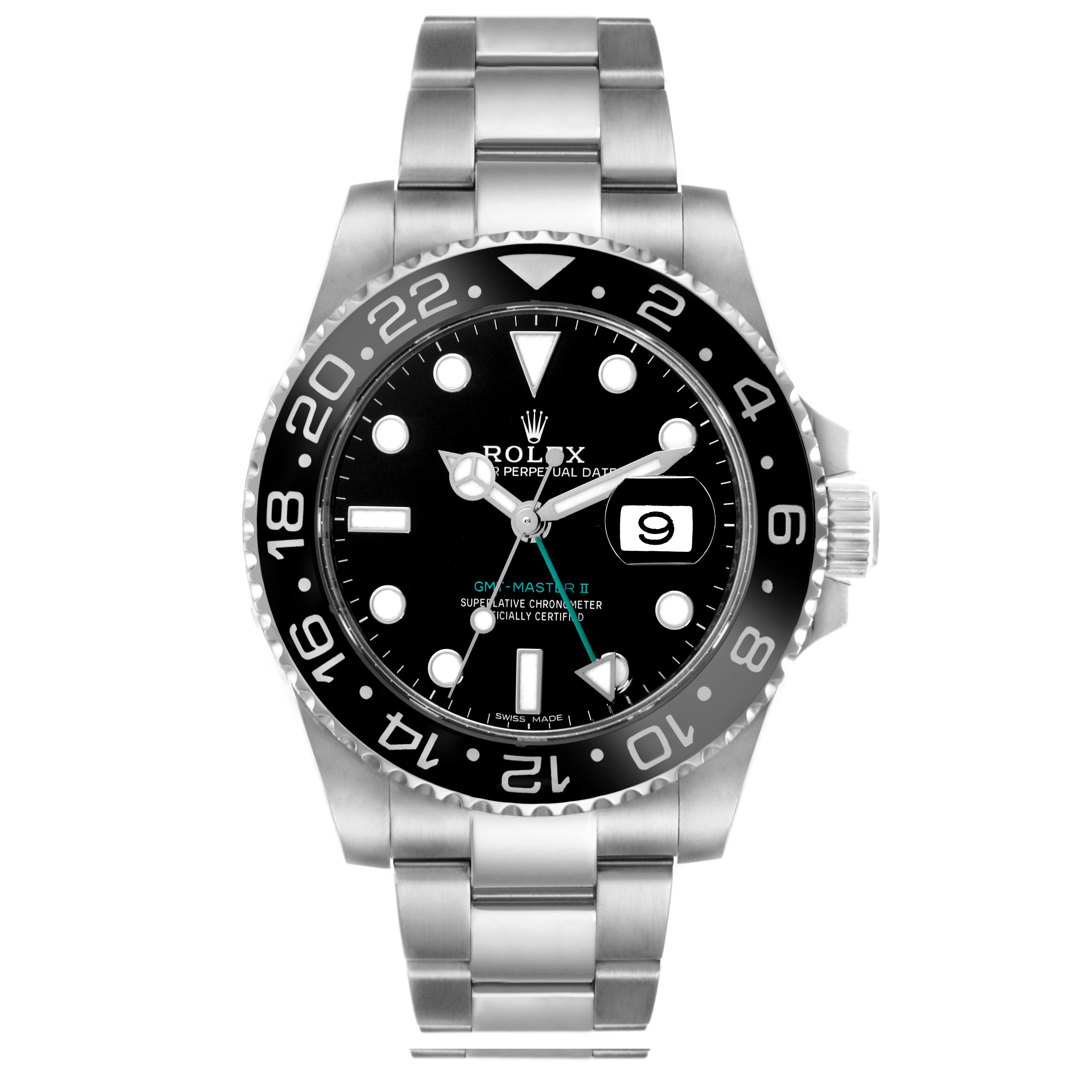 The Rolex GMT-Master 116710 Men
s Stainless Steel Black Dial 116710 Men
s Stainless Steel Black Dial watch is shown from a front view, displaying the bezel, dial, hands, and bracelet.