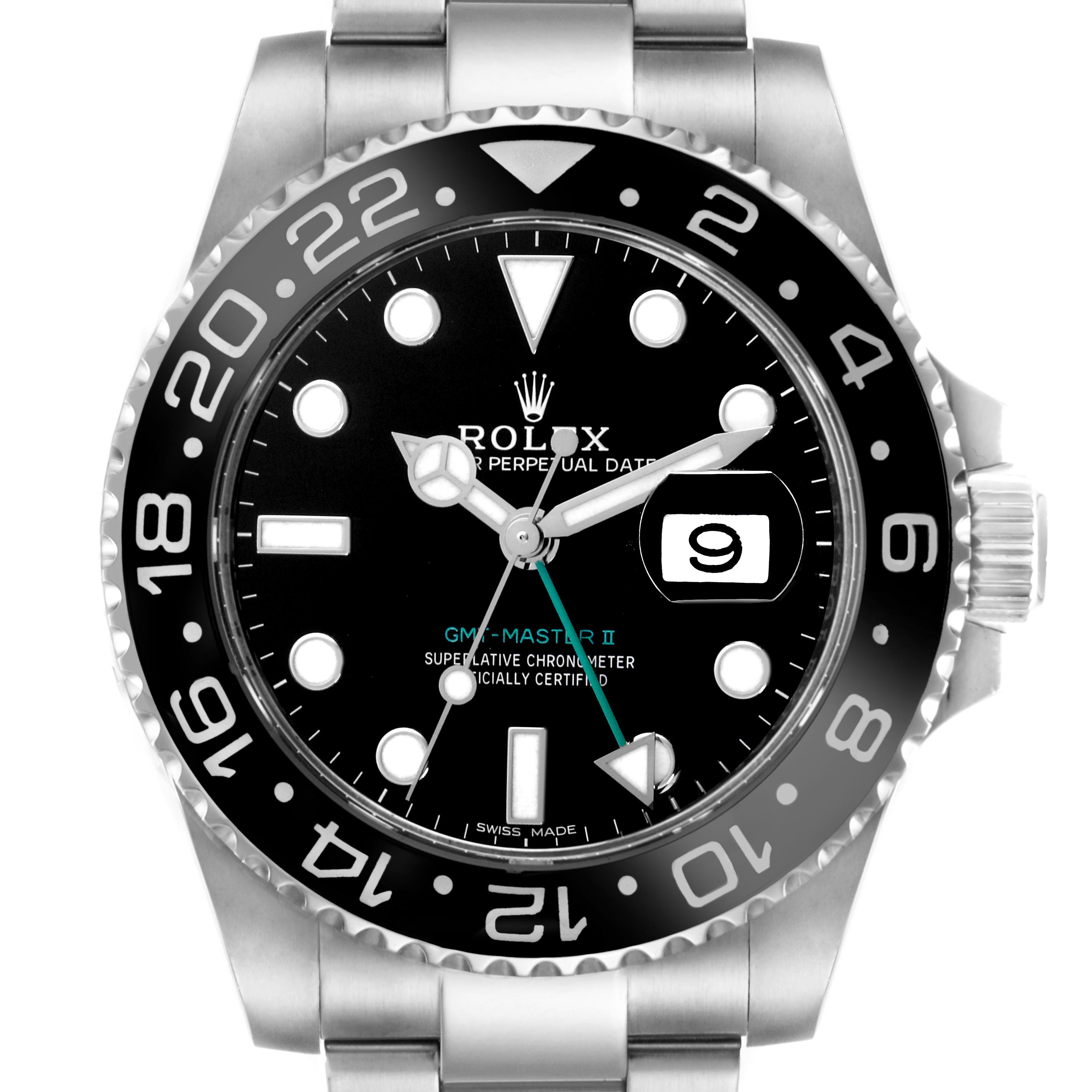 The image shows a front view of the Rolex GMT-Master 116710 Men
s Stainless Steel Black Dial 116710 Men
s Stainless Steel Black Dial II, highlighting its dial, bezel, and part of the bracelet.